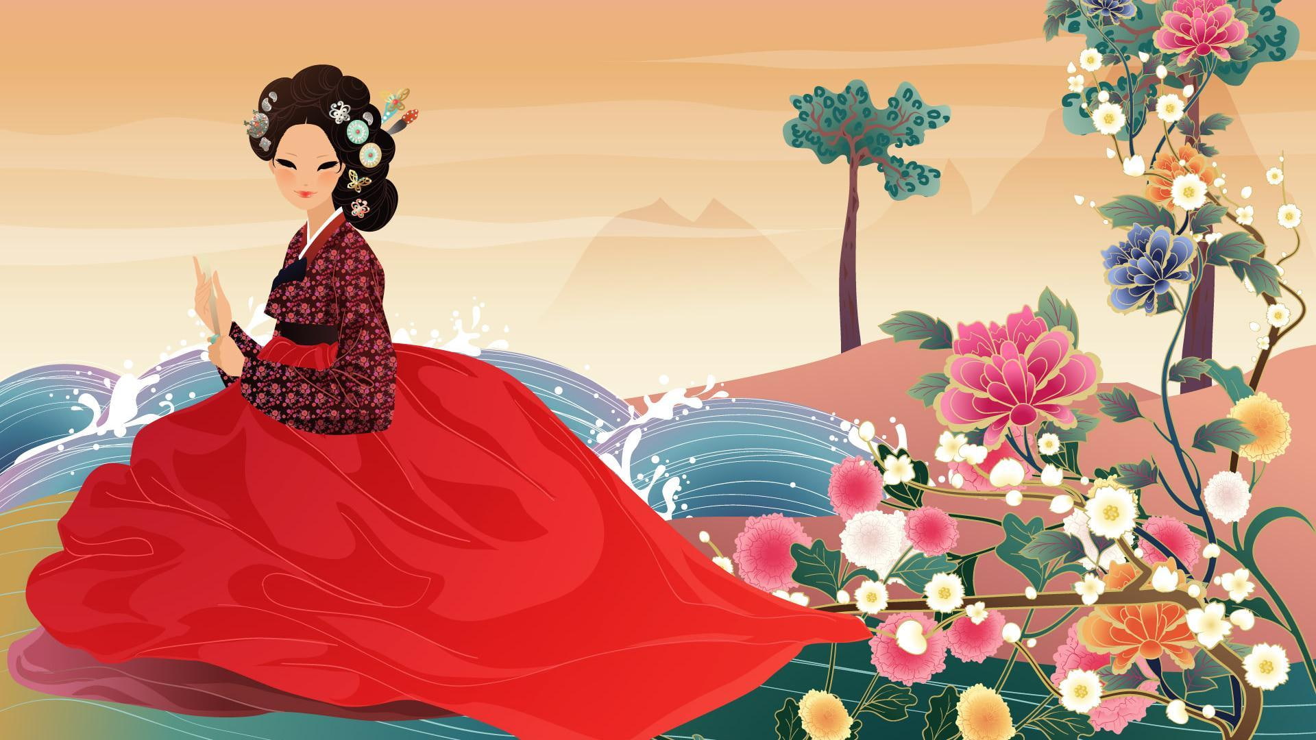 fan, art, 1080P, girl, water, flowers, Asian, hanbok, HD Wallpaper