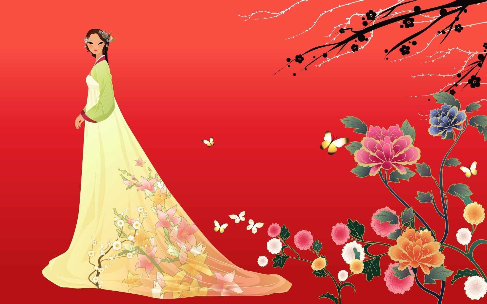 girl, hanbok, Asian, 1080P, flowers, art, butterfly, HD Wallpaper