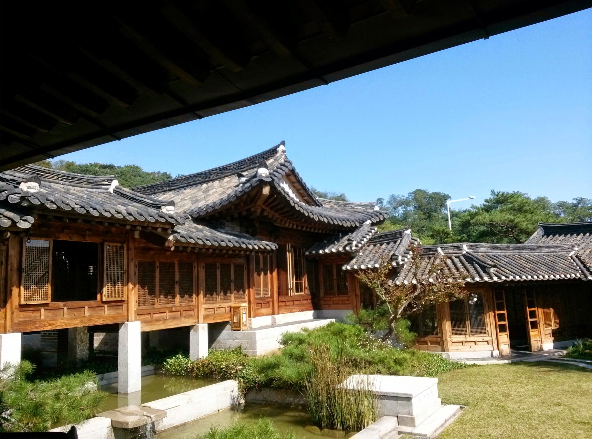 brown, republic of korea, spirituality, architecture, sunlight, wooden, building exterior, day, sky, nature, tree, building, outdoors, no people, roof, HD Wallpaper