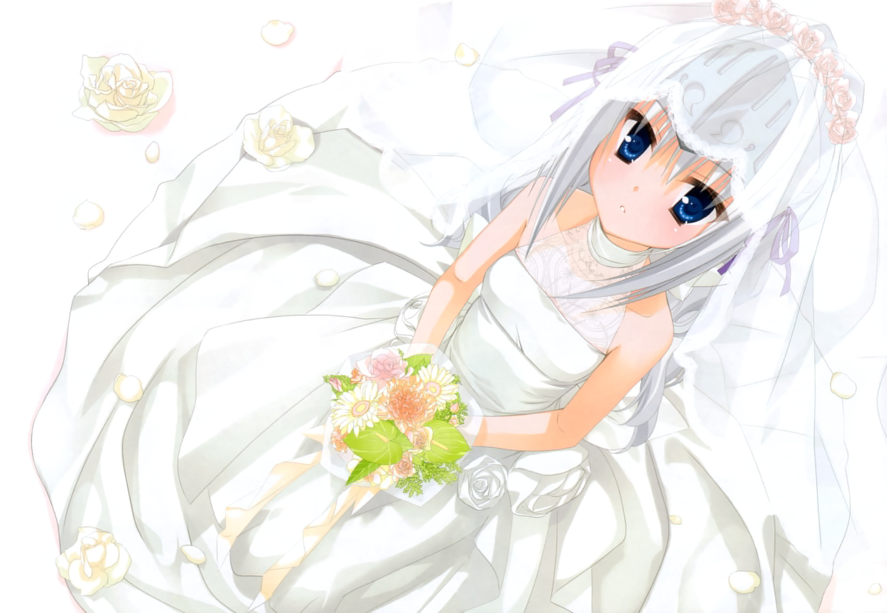 gray, wedding, blue, eyes, flowers, eucliwood, kore, desu, 2K, hair, dress, zombie, hellscythe, kobuichi, HD Wallpaper