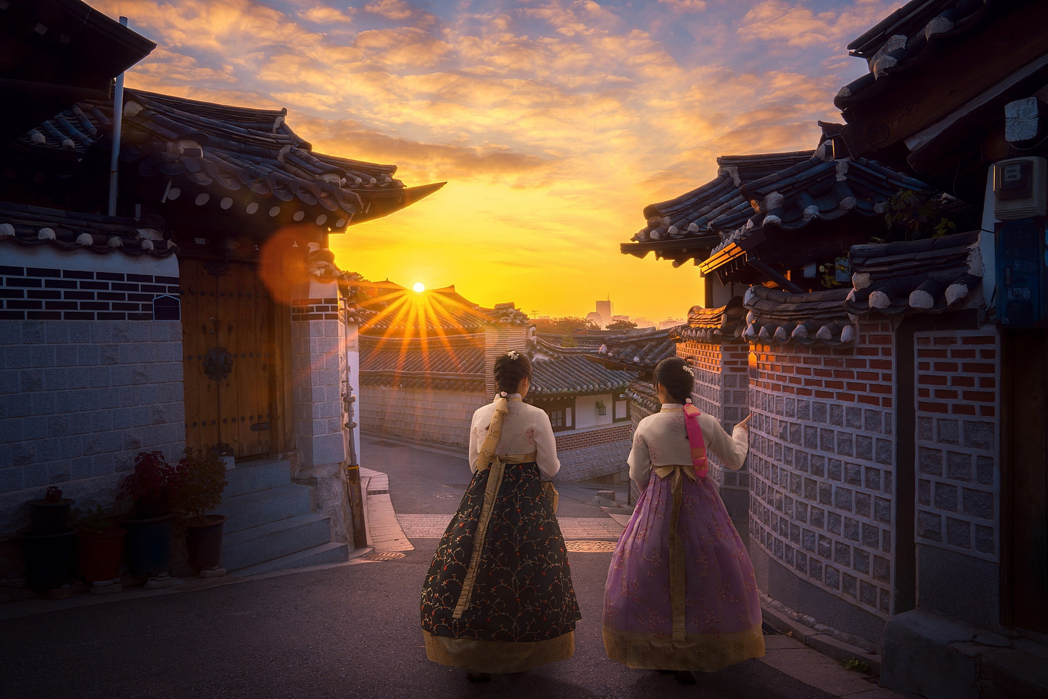 morning, dawn, hanbok, girls, the sun, 1080P, Koreans, HD Wallpaper