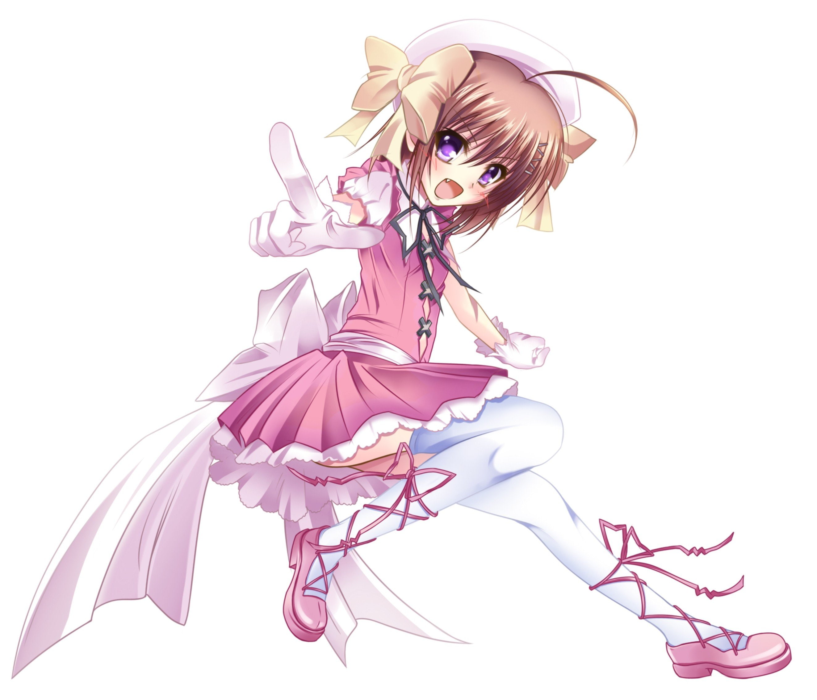 sitting, 2K, lifestyles, blond hair, purple, studio shot, front view, beautiful woman, women, kore wa zombie desu ka haruna anime girls anime violet eyes thigh highs pink dress gloves, HD Wallpaper