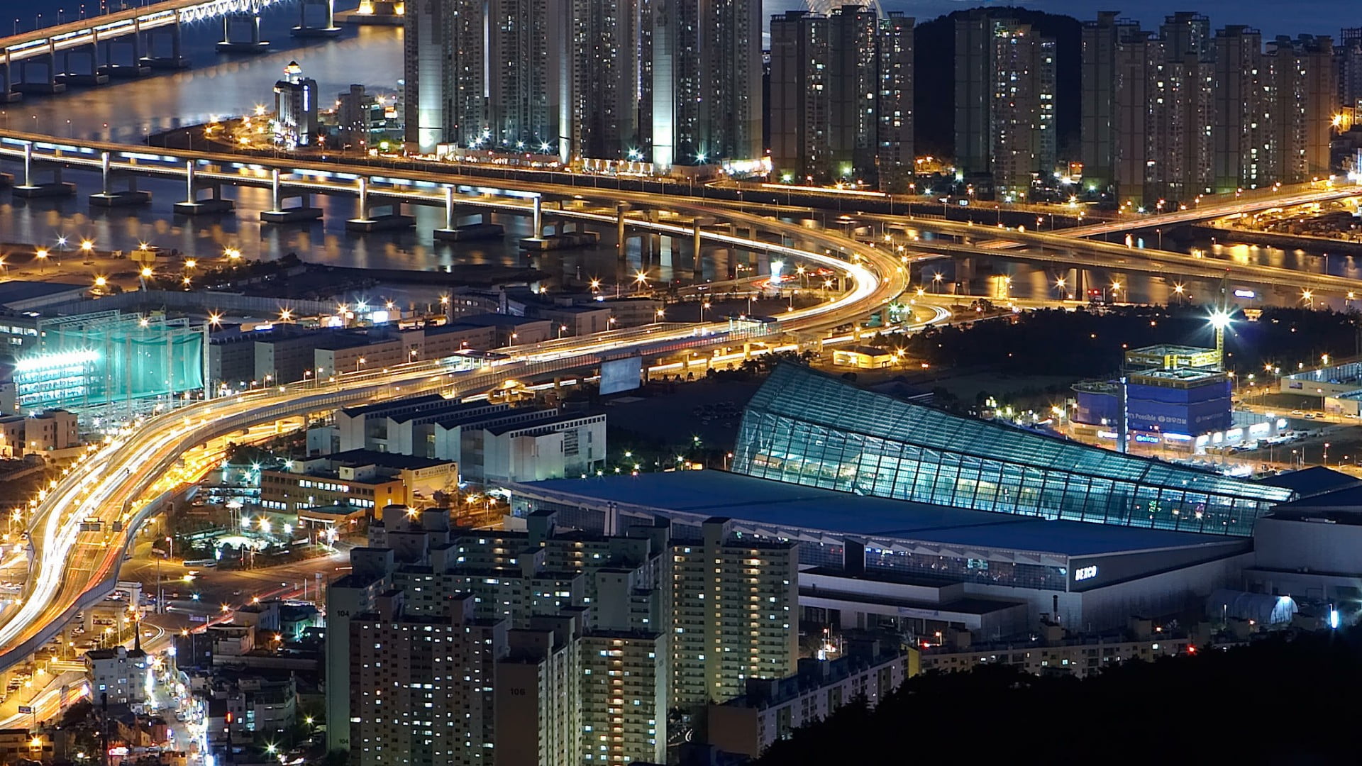 cityscape, skyscraper, asia, light trail, city life, elevated road, street, tower block, metropolitan area, road, illuminated, suspension bridge, connection, HD Wallpaper