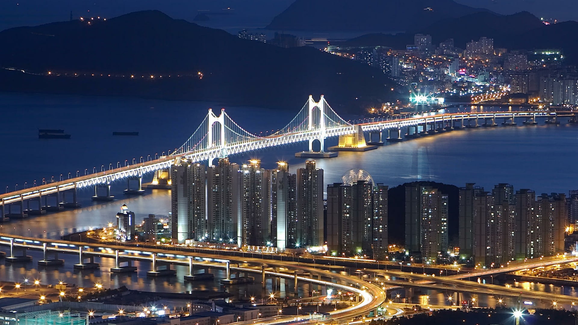 building exterior, illuminated, cityscape, architecture, outdoors, built structure, night, transportation, street, city lights, gwangan bridge, travel destinations, HD Wallpaper