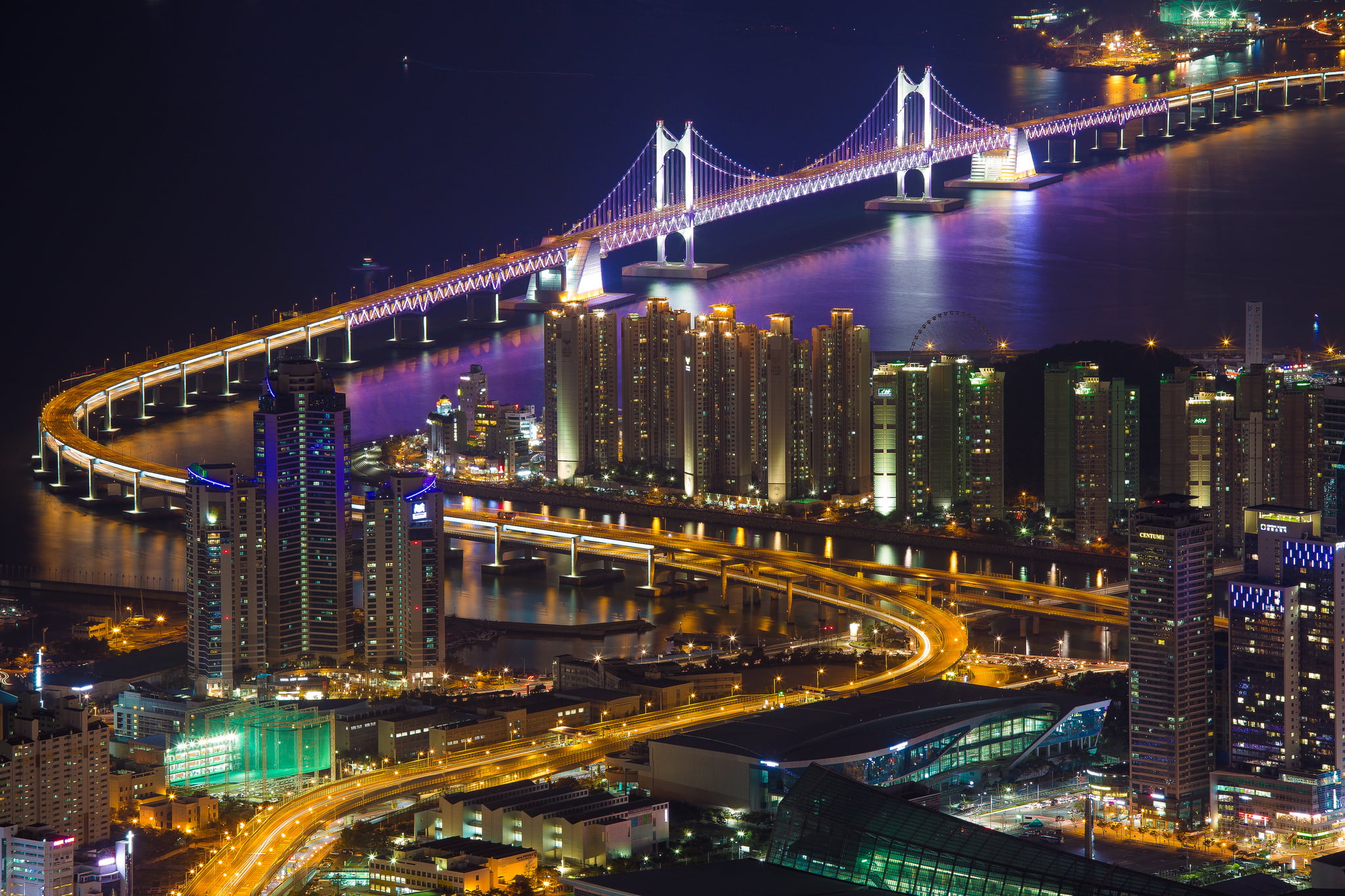 Gwangan, architecture, bridge - man made structure, gray, high angle view, lights, engineering, building, 1080P, The Republic Of Korea, building exterior, HD Wallpaper