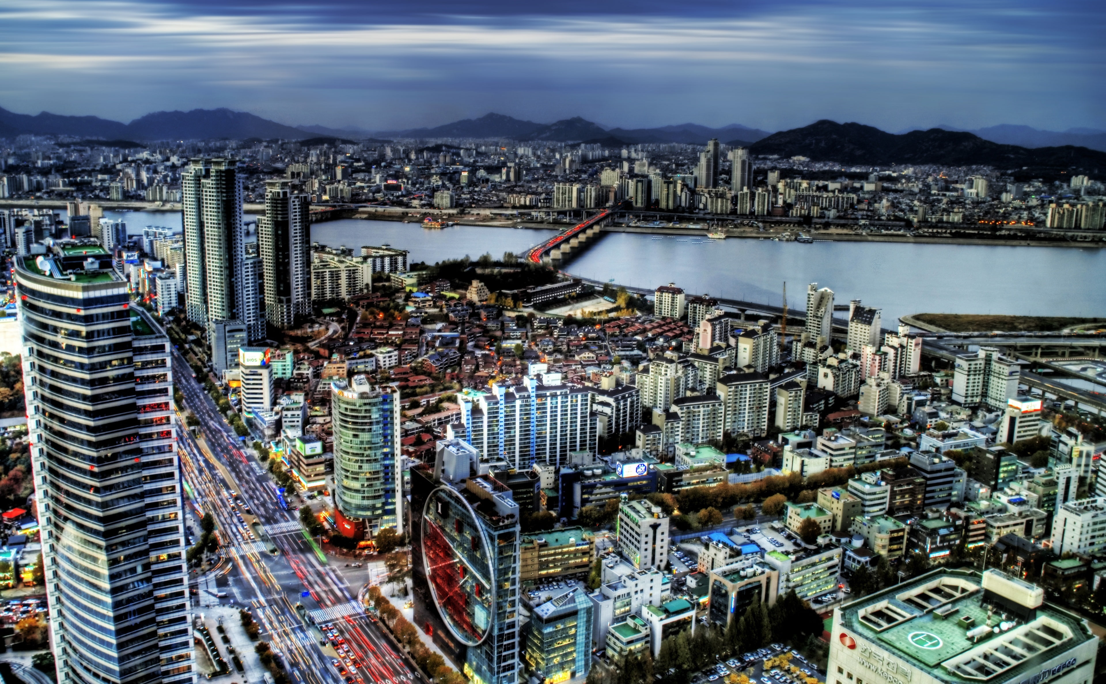 architecture, modern, Others, high angle view, nature, Clouds, water, development, office building exterior, 4K, cityscape, tall - high, korea, built structure, HD Wallpaper