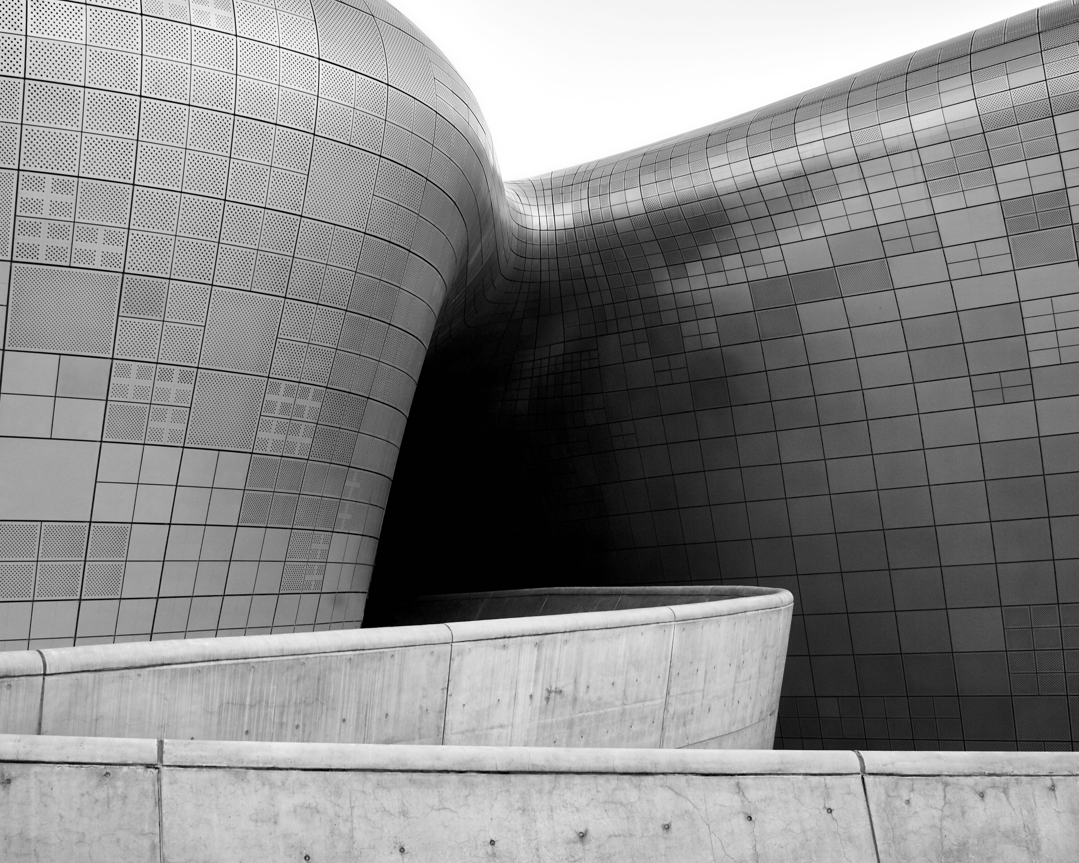 south korea, modern, flooring, outdoors, pattern, sky, geometric, museum, greyscale, concrete, dongdaemun design plaza, nature, 4K, town, architecture, HD Wallpaper