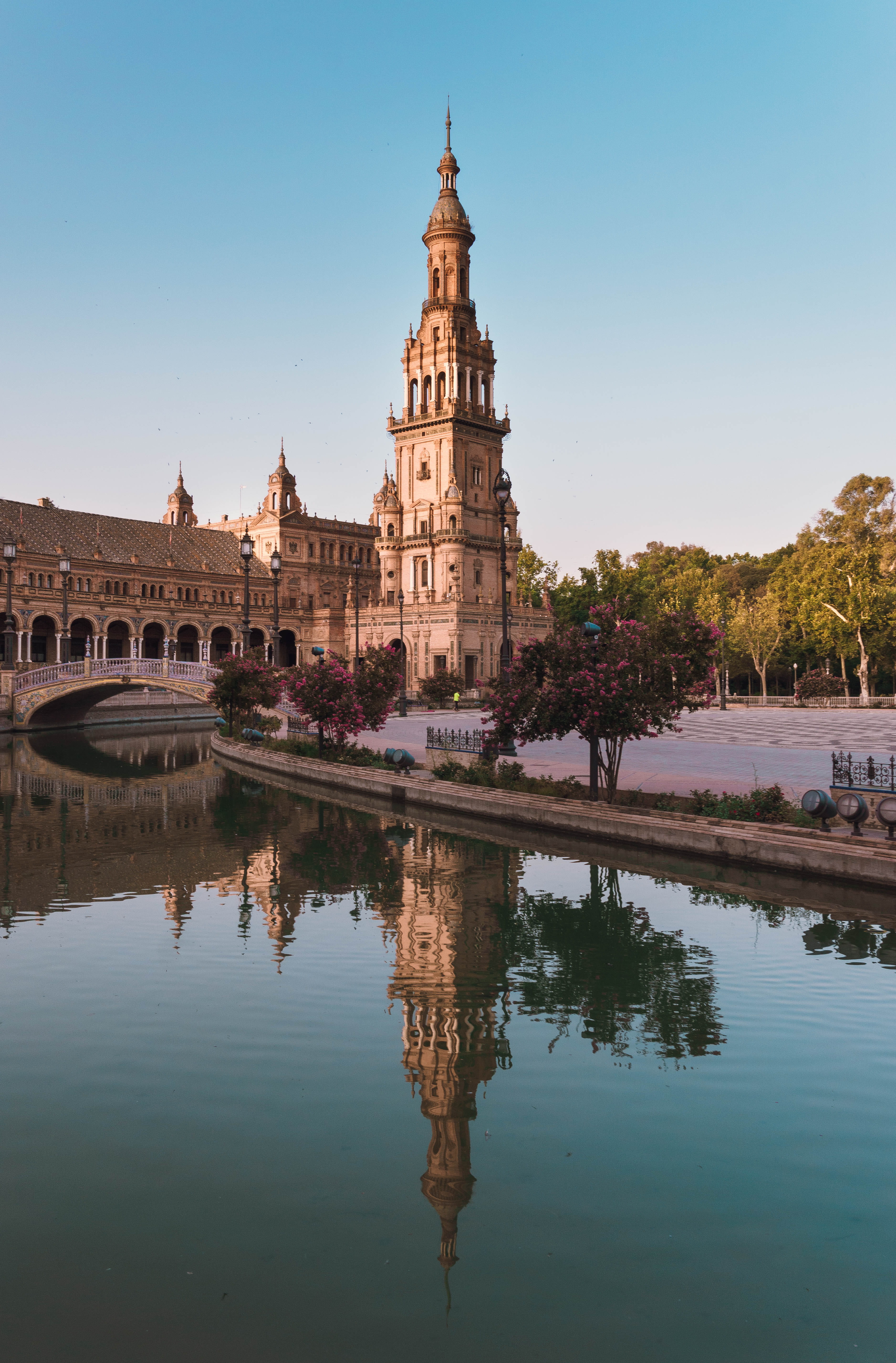 waterfront, building, outdoors, spain, tourism, nature, sky, lake, belief, buildings, architecture, water, plaza de españa, alcalá de guadaíra, clear sky, Phone HD Wallpaper