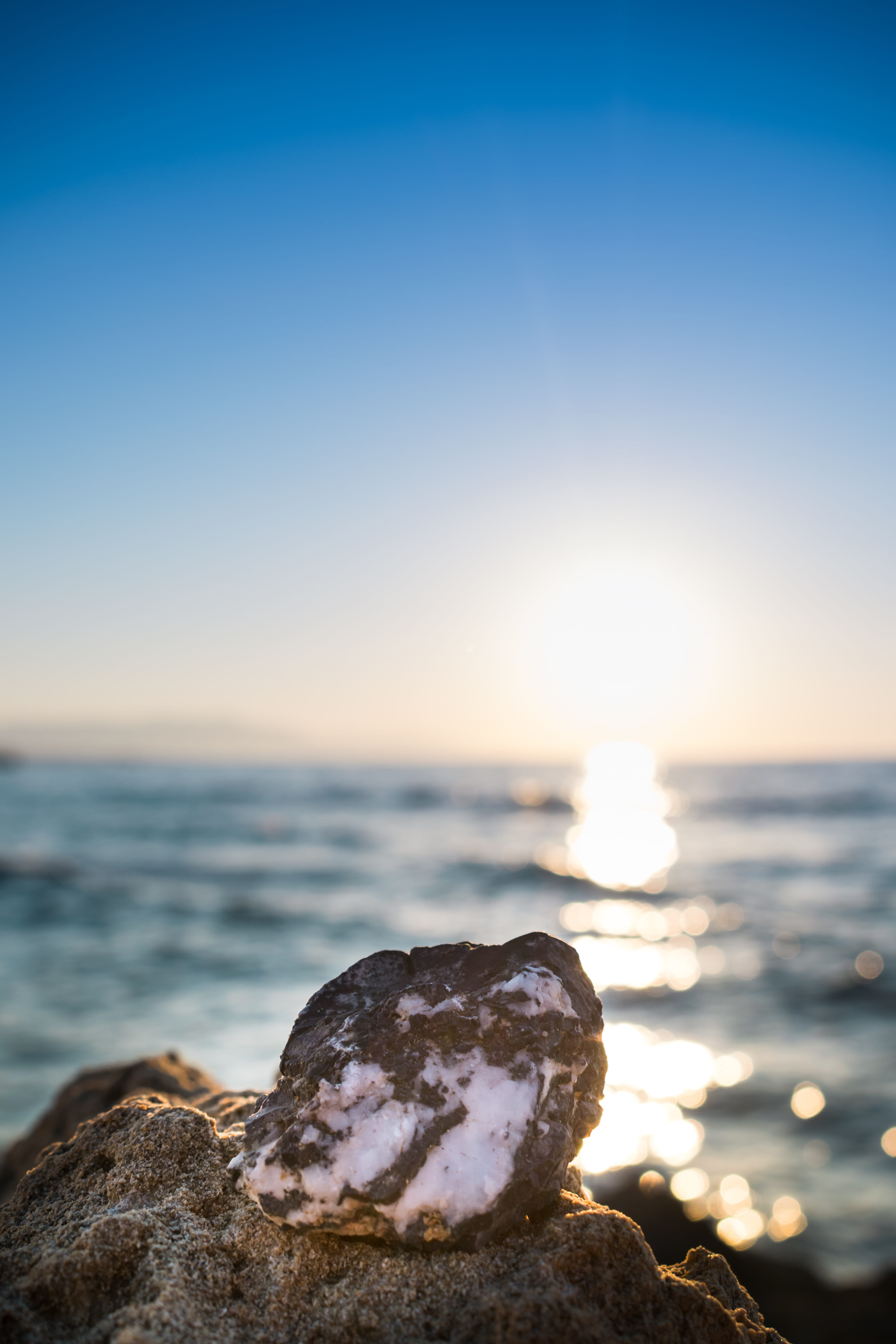 sky, sea, blue, horizon, outdoors, sunset, kokkini hani, tranquility, sun, water, scenics - nature, tranquil scene, 5K, close-up, clear sky, greece, horizon over water, Phone HD Wallpaper