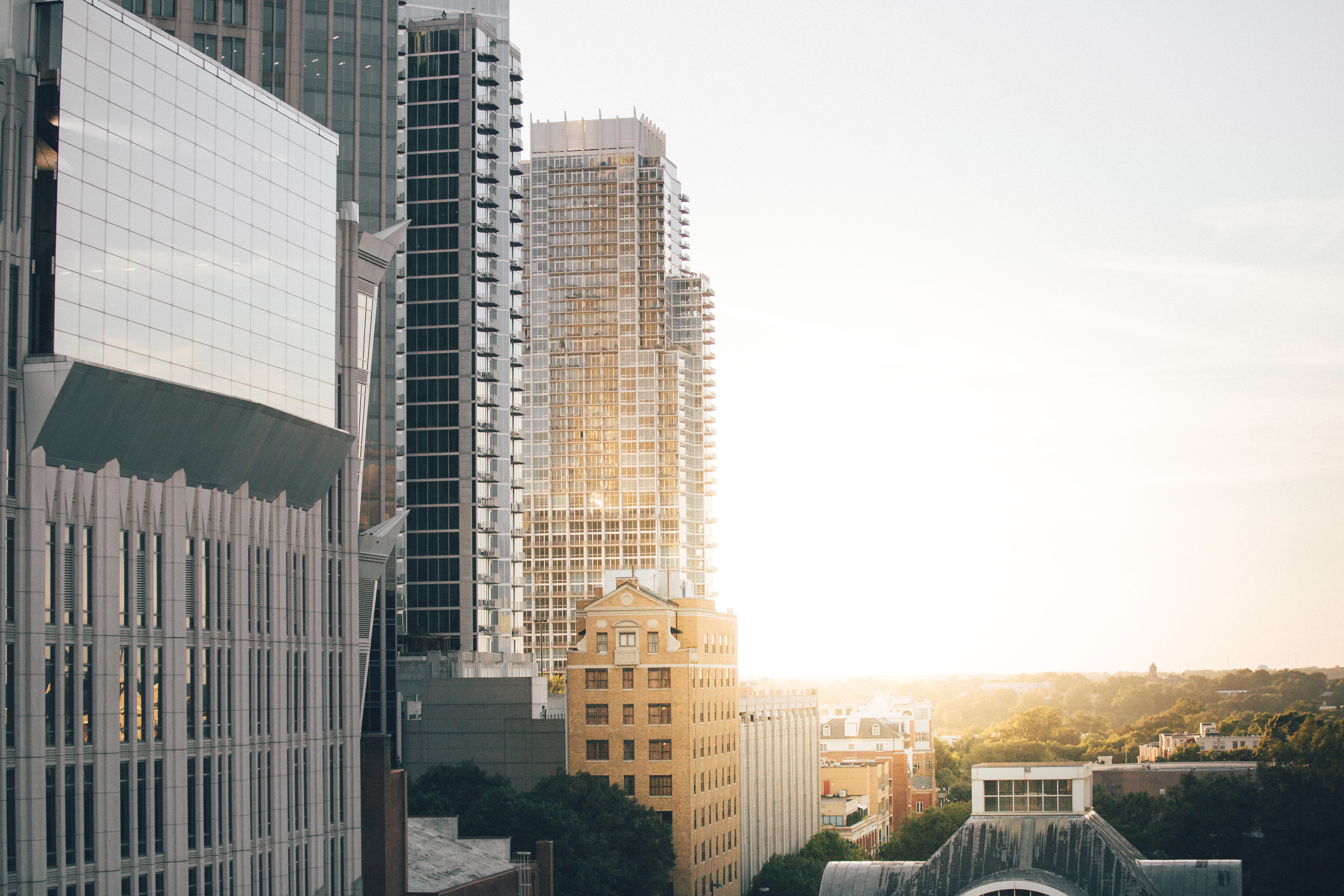 highrise, building exterior, city life, untitled, sunset, sky scraper, office building exterior, luxury, glass - material, high rise, no people, skyline, HD Wallpaper