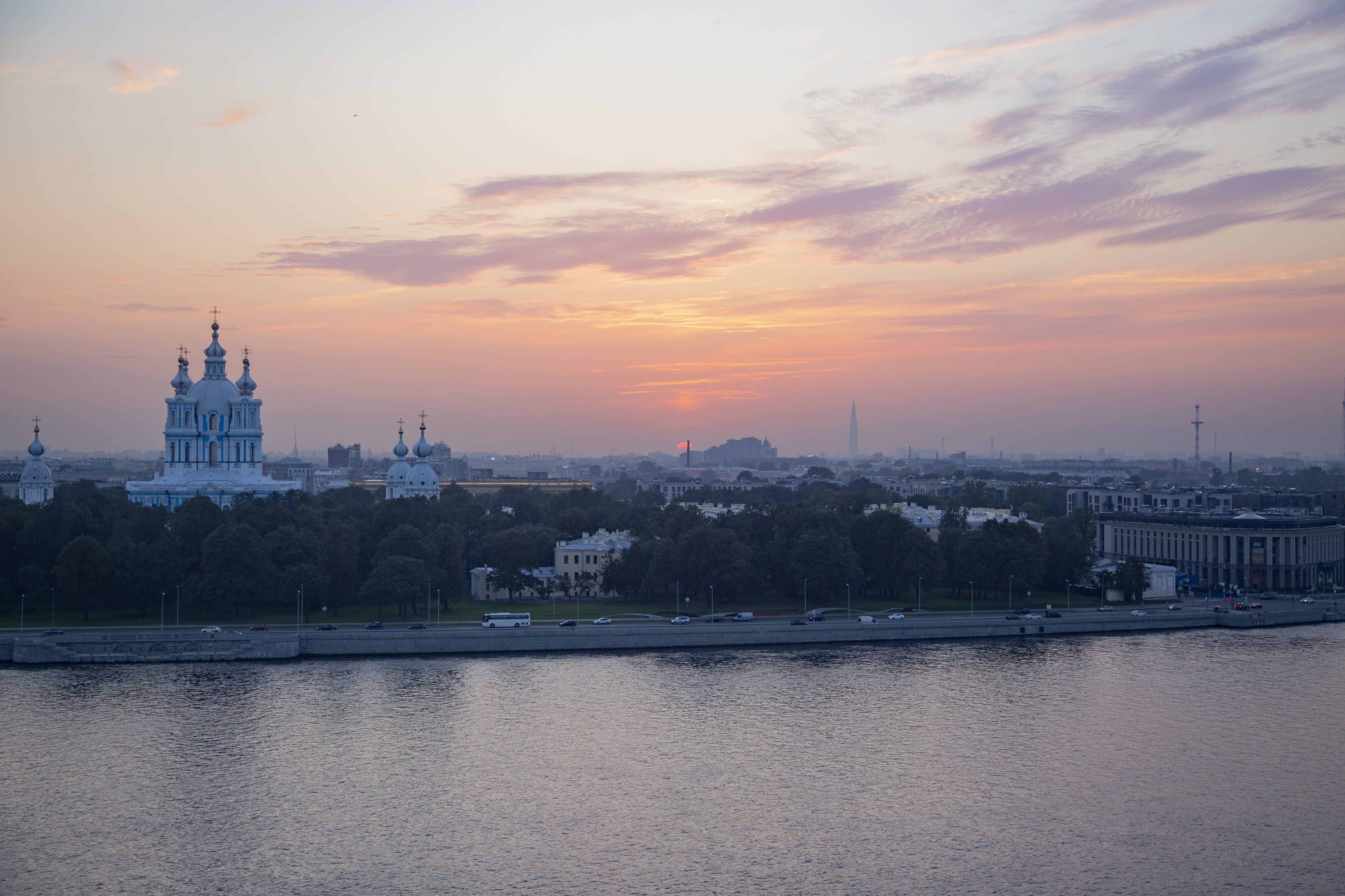 waterfront, spire, building exterior, reference point, built structure, nature, landscape, travel, horizon, panorama, sunset, evening, 5K, place of worship, HD Wallpaper