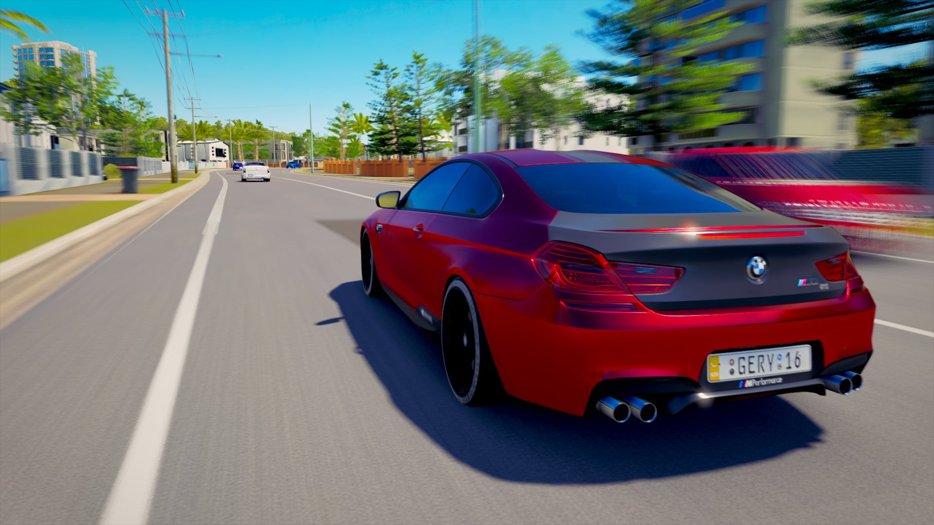 bmw m, day, video games, blue, tree, on the move, architecture, city, blurred motion, 1080P, sunlight, transportation, forza horizon 3, dividing line, HD Wallpaper