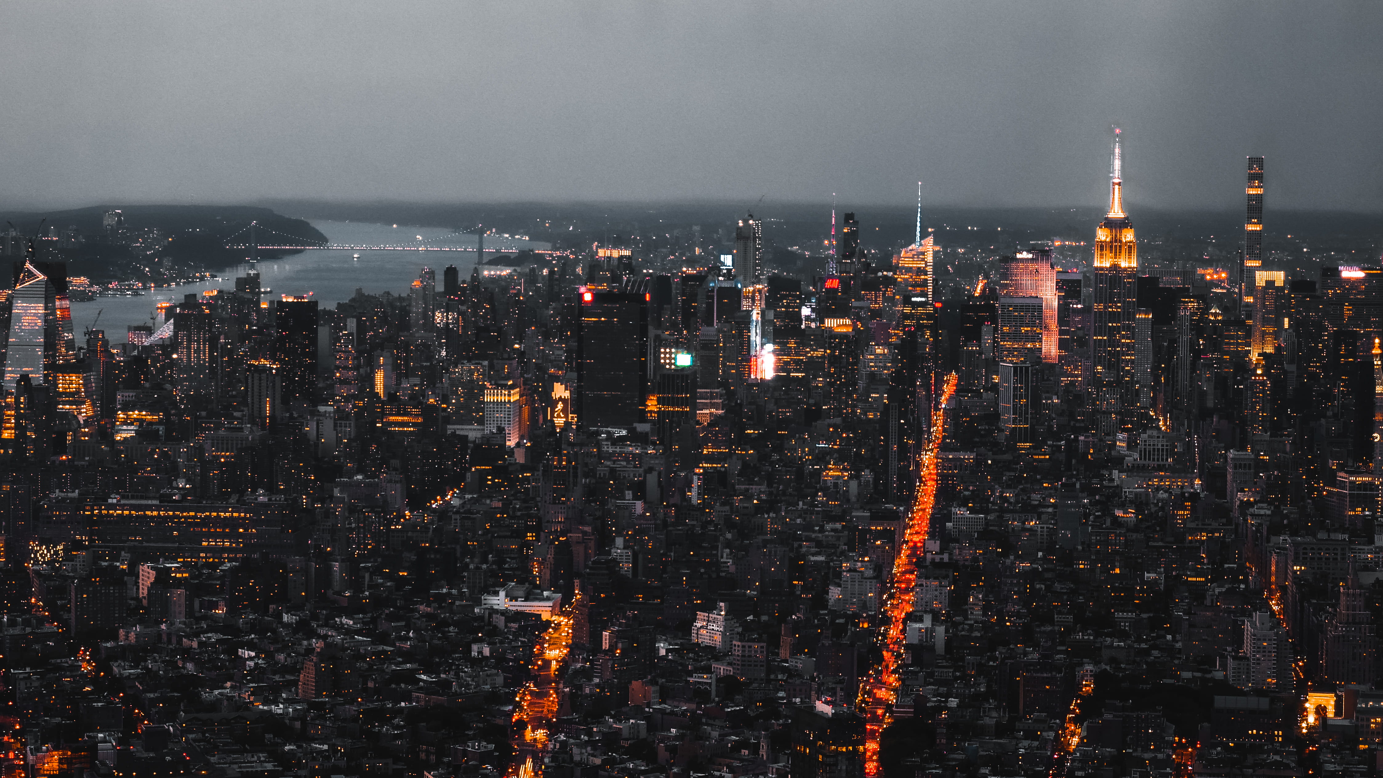 sky, spire, street, 4K, built structure, cityscape, illuminated, city, new york, building, office building exterior, skyscraper, pollution, fog, nightlife, HD Wallpaper