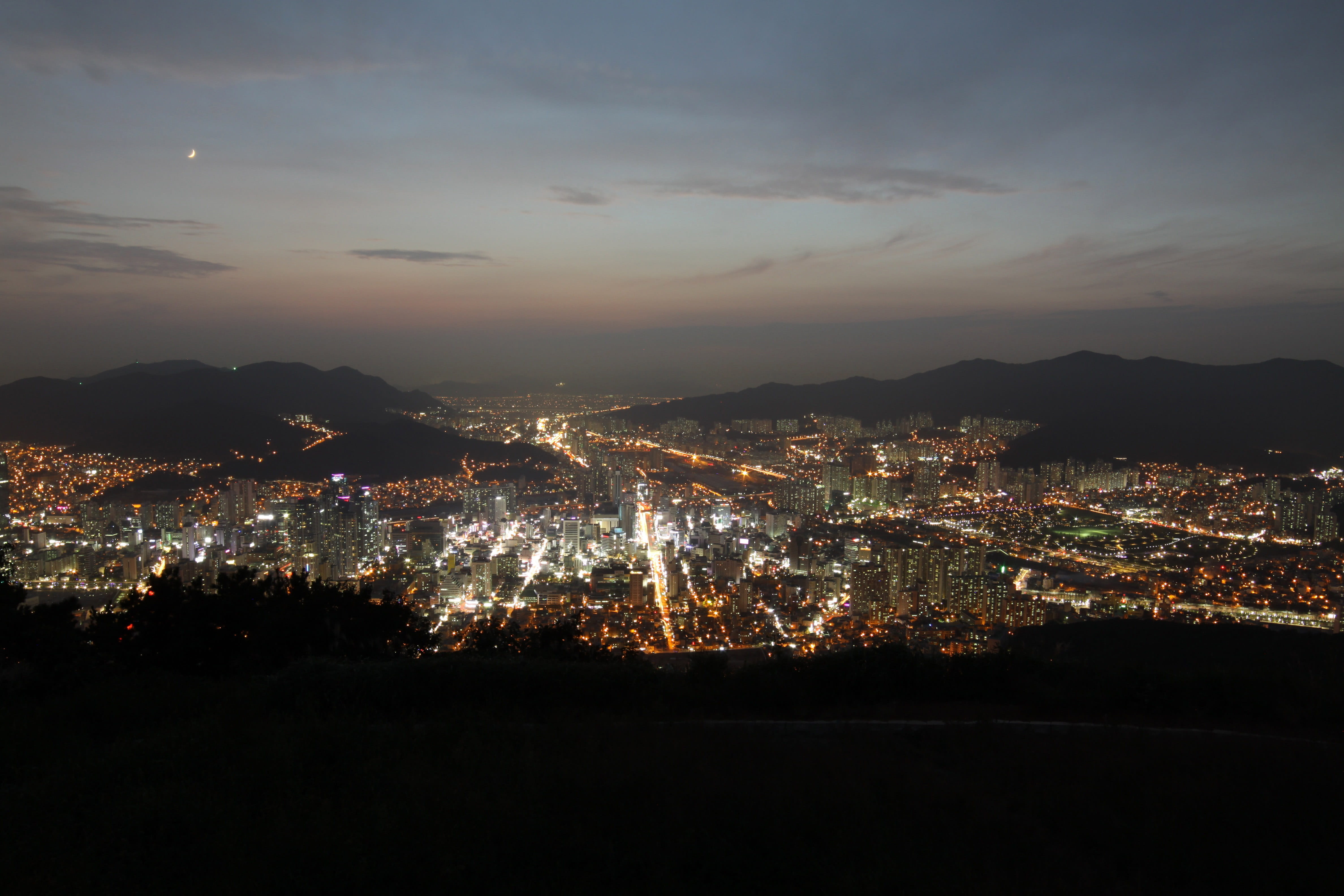building exterior, View, illuminated, nature, high, public domain, residential district, the City, urban, urban Scene, night, busan, south, high angle view, HD Wallpaper