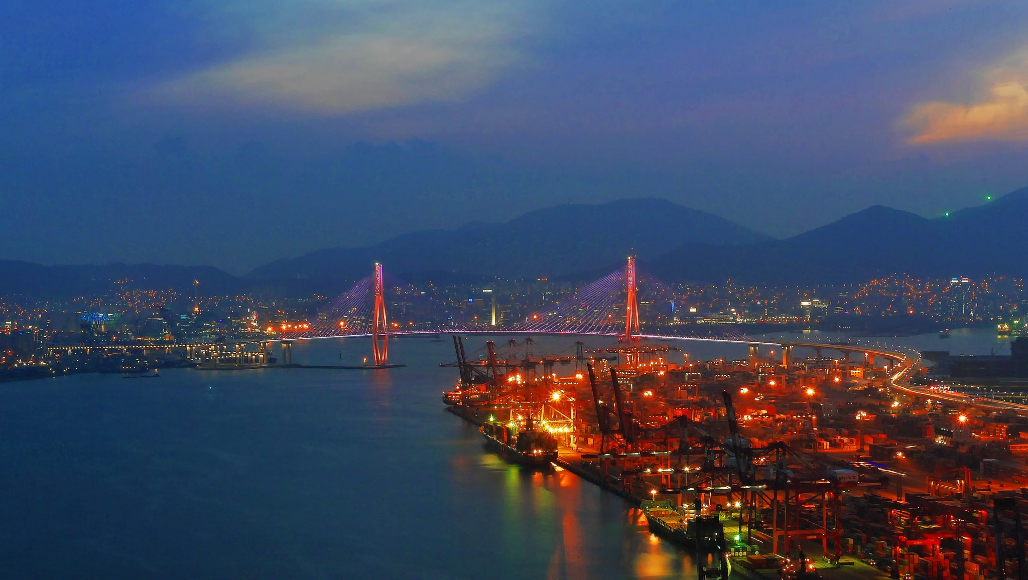 illuminated, no people, bay, bridge, busan, sky, bridge - man made structure, city, sea, built structure, connection, architecture, night, transportation, HD Wallpaper