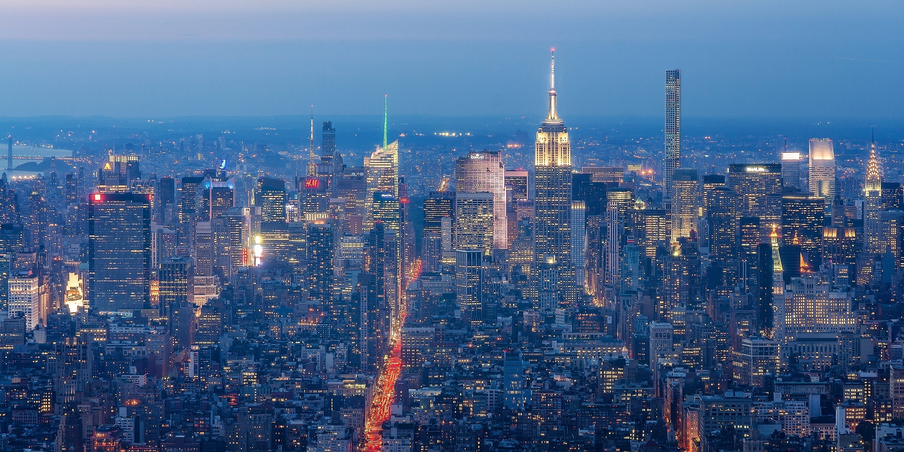 buildings, panorama, 2K, New York city at night, time, york, skyling, city, hd, Manhattan, night, new, skyscrapers, best, HD Wallpaper