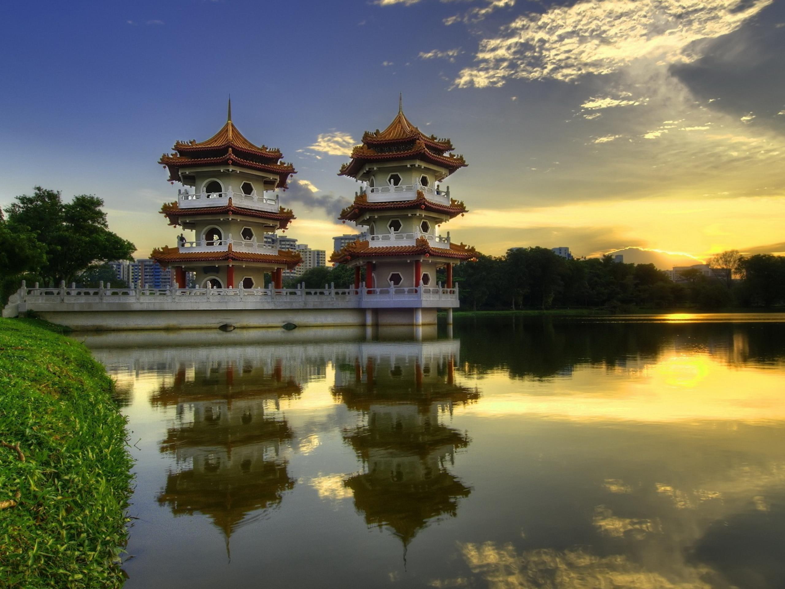 2K, pagoda, architecture, chinese, nature and landscapes, river, sunset, chine, HD Wallpaper