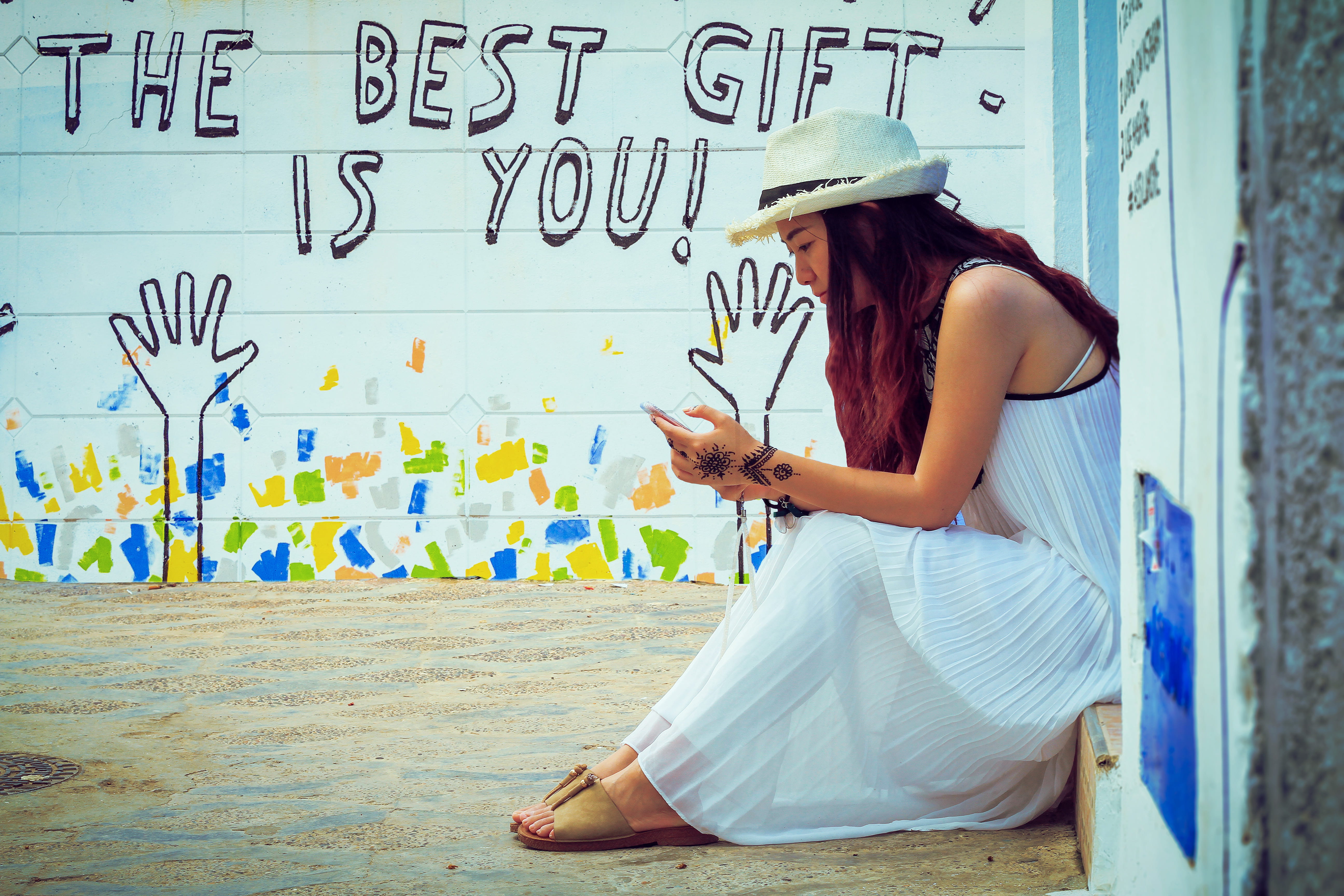 daytime, one person, street art, young adult, moment, teenager, sleeveless, 5K, graffiti, hat, adult, writing, portrait, creativity, long hair, white dress, HD Wallpaper