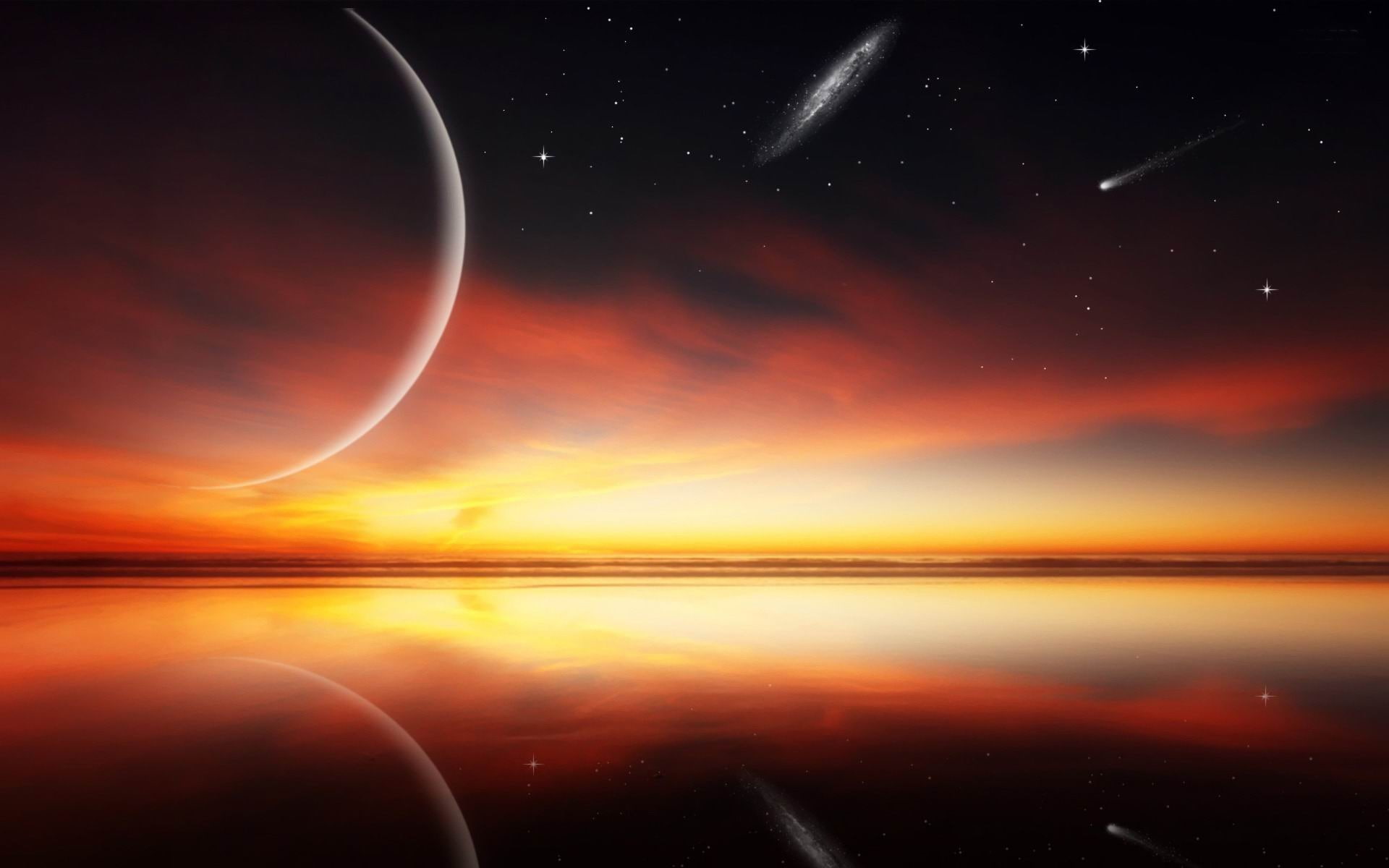 outdoors, night, planet, beauty in nature, fantasy, orange color, sunset, no people, star - space, tranquil scene, sky, planet - space, cloud - sky, water, HD Wallpaper