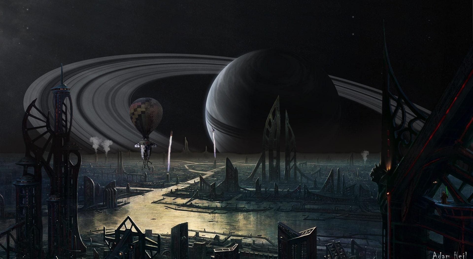 stage - performance space, metal, night, industry, shuttle, universe, mode of transportation, transportation, gray, foggy, planet, 1080P, water, river, HD Wallpaper