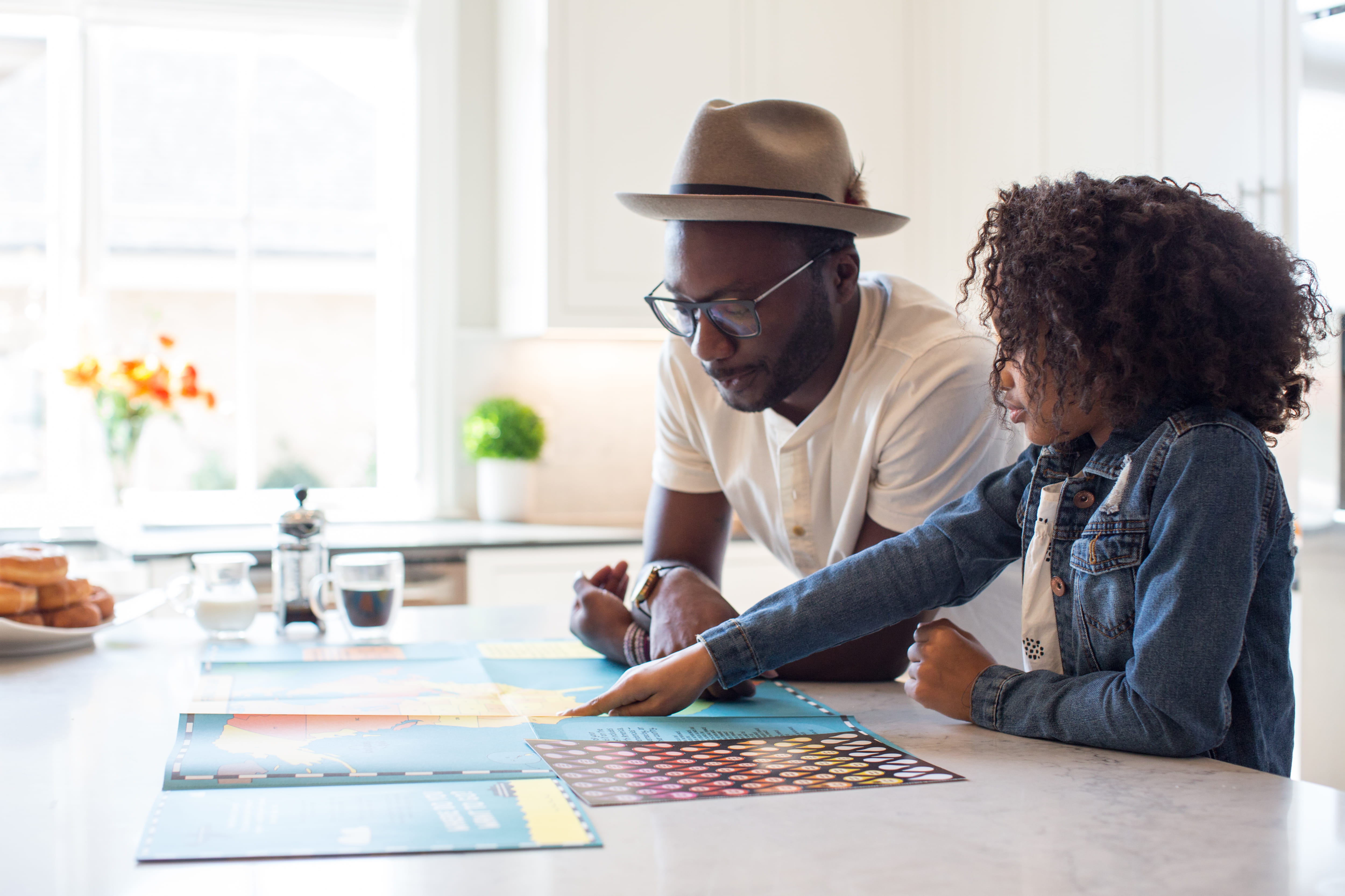 man, togetherness, apparel, table, map, daughter, hair, design professional, person, beside, two people, hat, accessories, sitting, men, women, day, males, HD Wallpaper