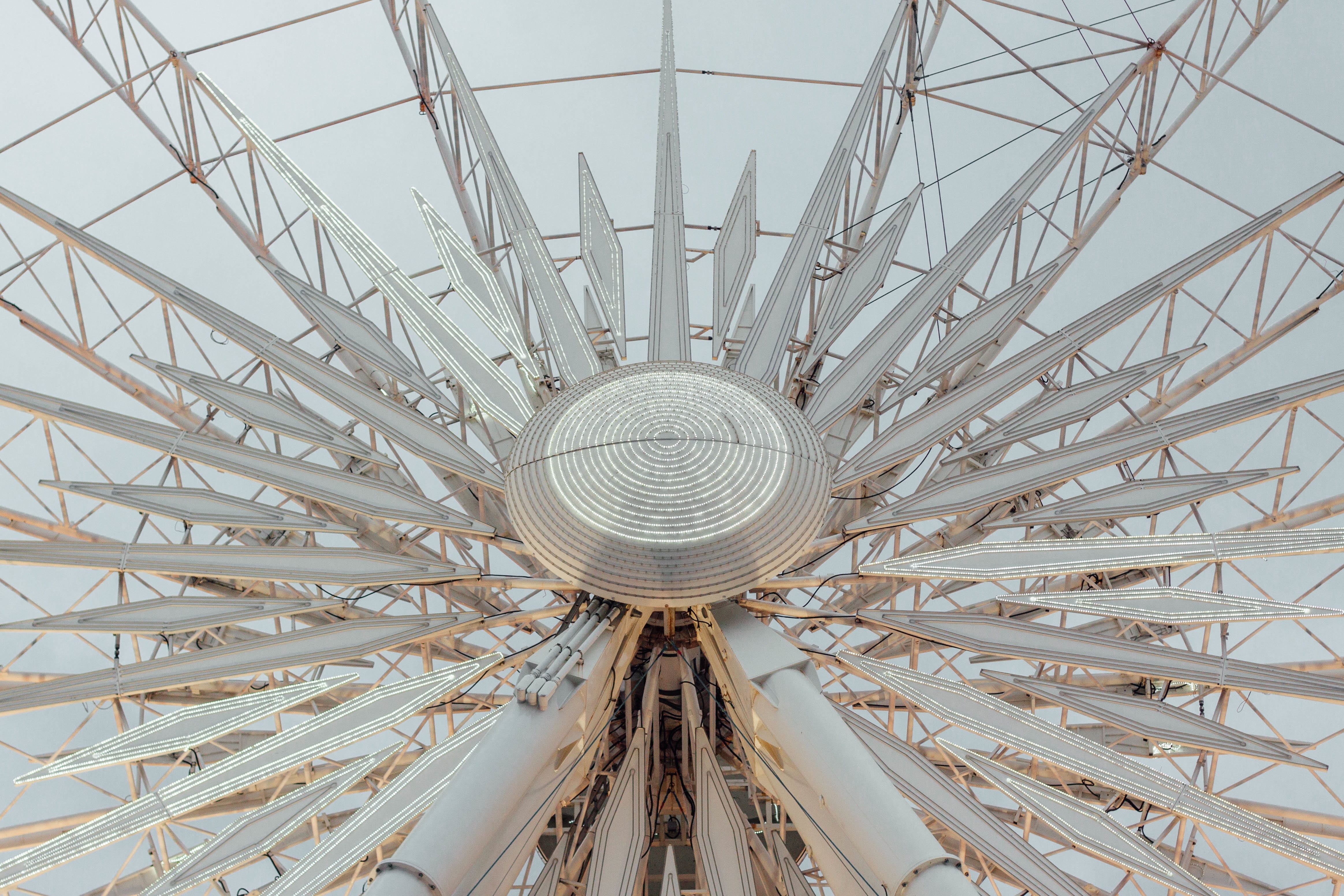 gray, ferris wheel, city, ceiling, directly below, modern, architecture, low angle view, daytime, day, star, no people, shape, wheel, metal, outdoors, architectural feature, HD Wallpaper