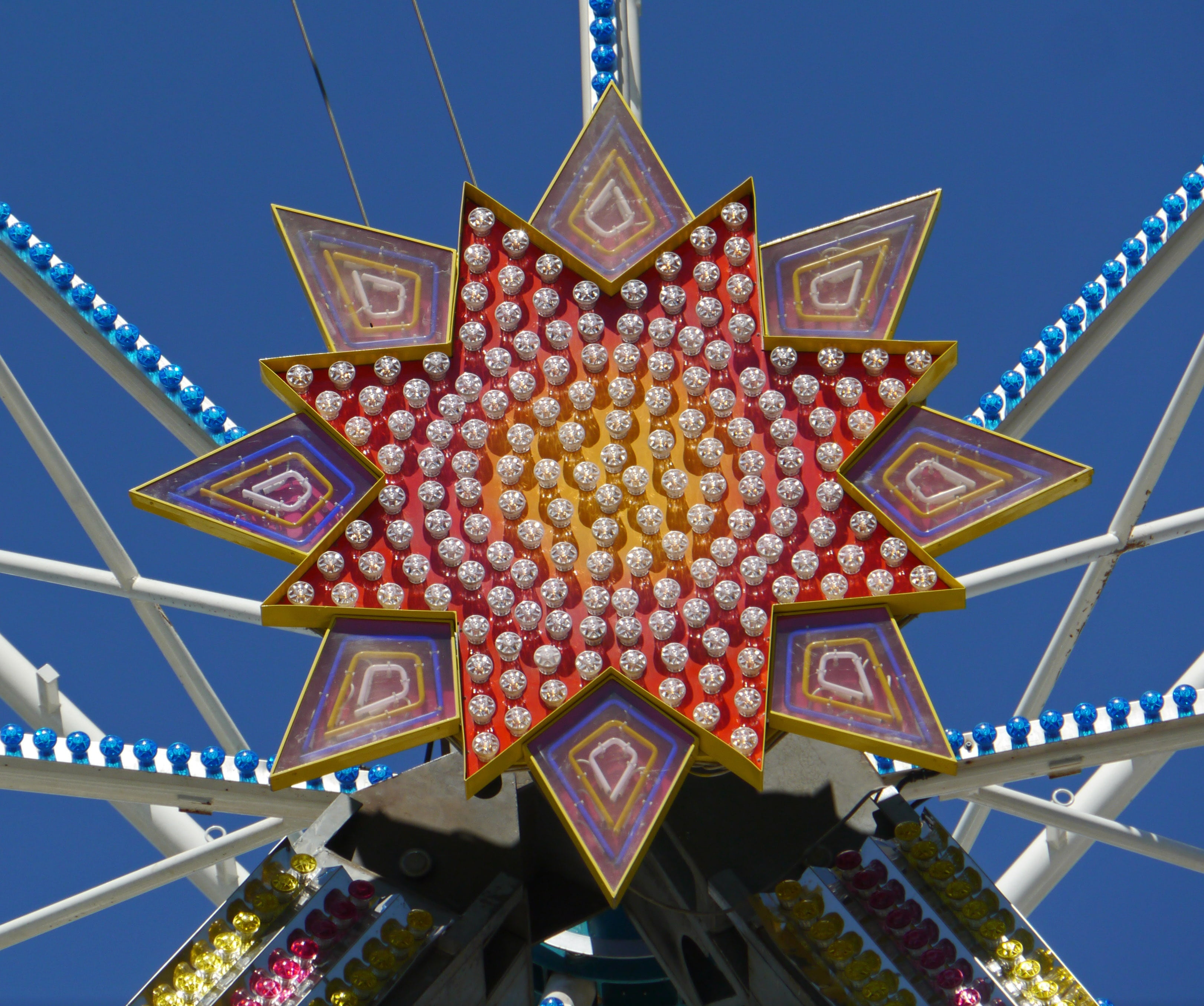 light, sky, blue, ornate, colorful, lights, amusement park, 2K, spirituality, belief, deco, central axis, day, hustle and bustle, multi colored, carousel, HD Wallpaper