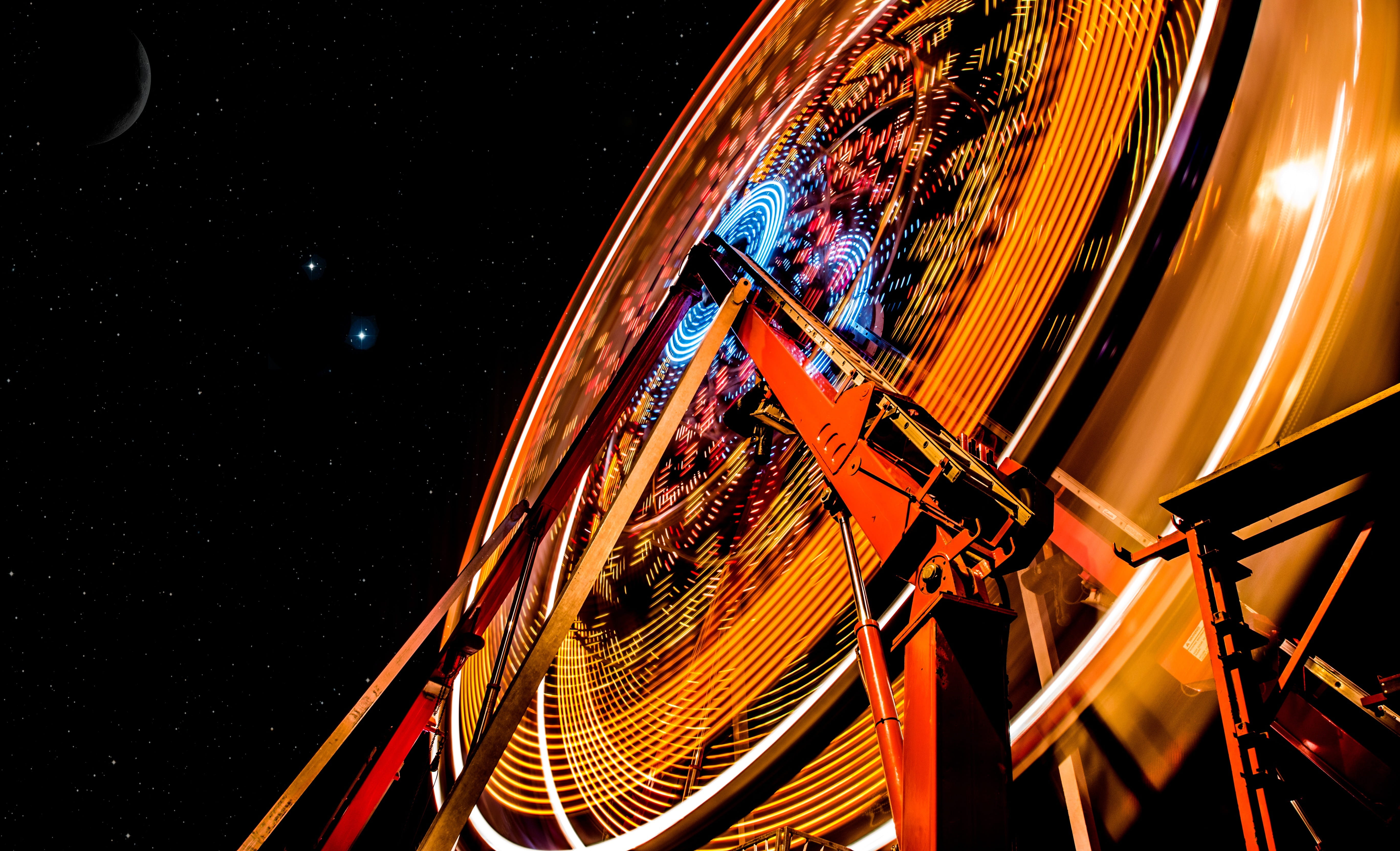amusement park, long exposure, multi colored, 5K, no people, star - space, carnival, lights, arts culture and entertainment, city, amusement, outdoors, HD Wallpaper