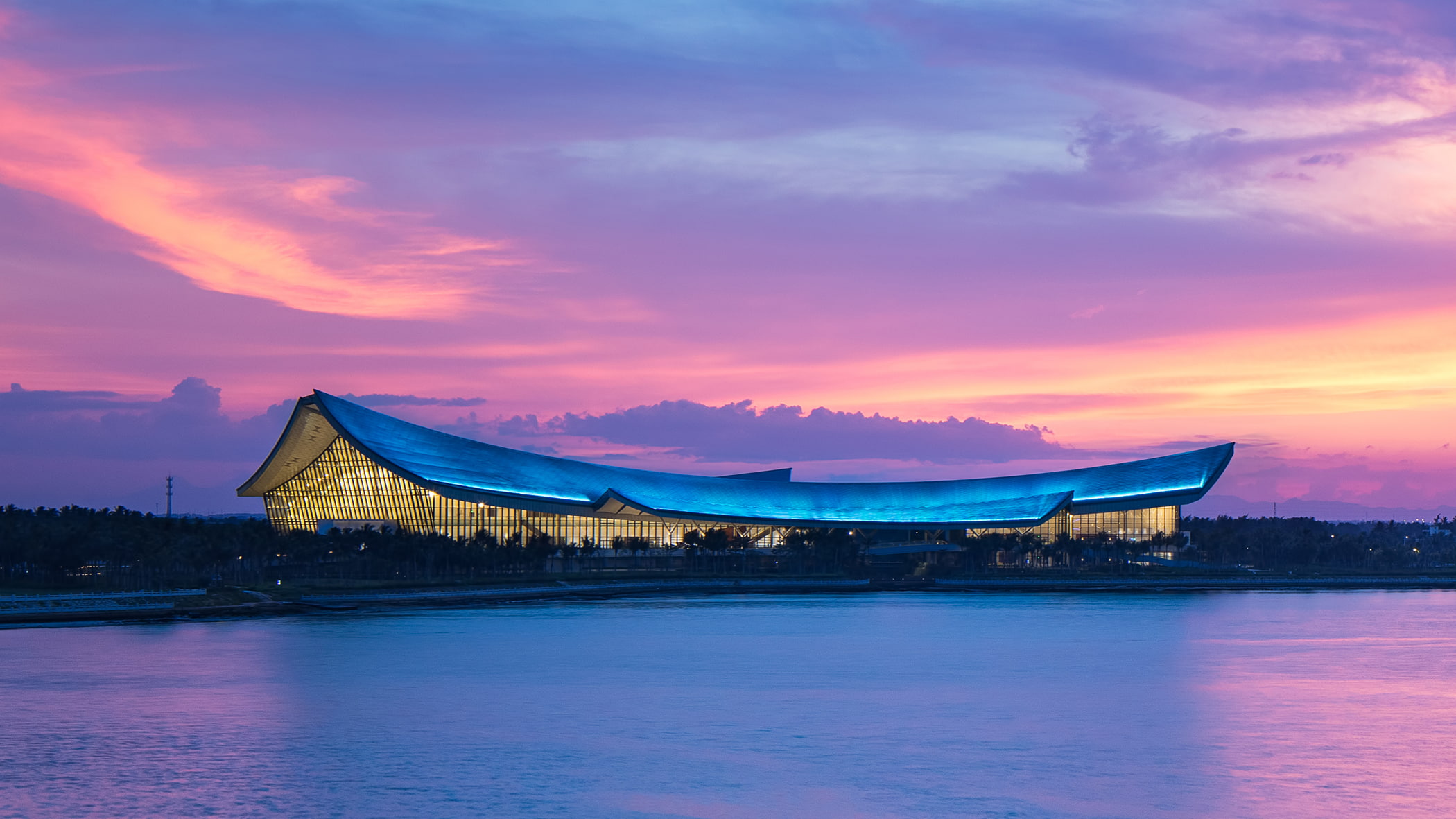 beauty in nature, Sea, dusk, built structure, China, scenics - nature, twilight, water, 1080P, nature, South, nautical vessel, cloud - sky, purple, Museum, HD Wallpaper