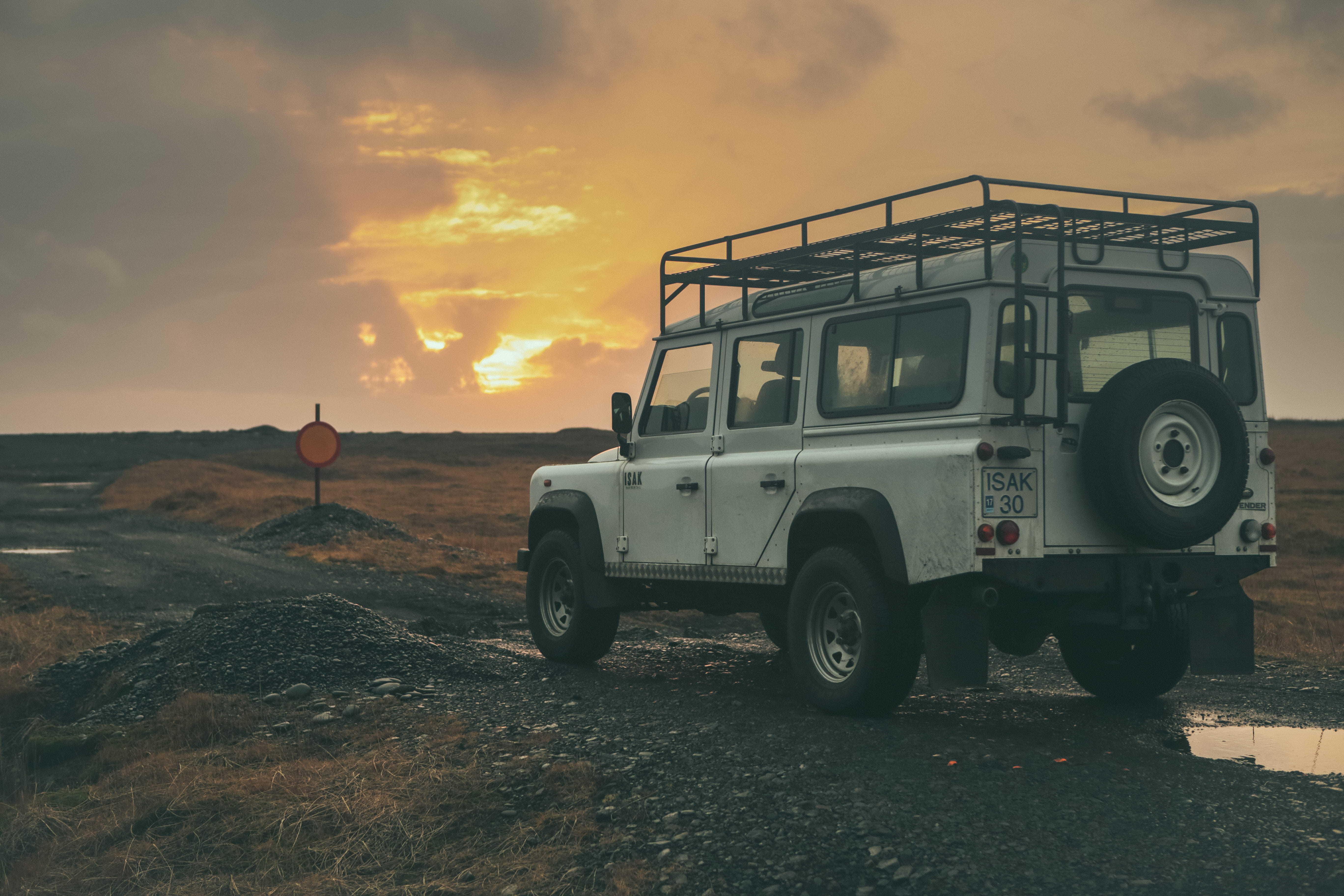 scenics - nature, sand, no people, orange color, motor vehicle, beauty in nature, iceland, field, sunset, land rover, cloud - sky, black, land vehicle, HD Wallpaper