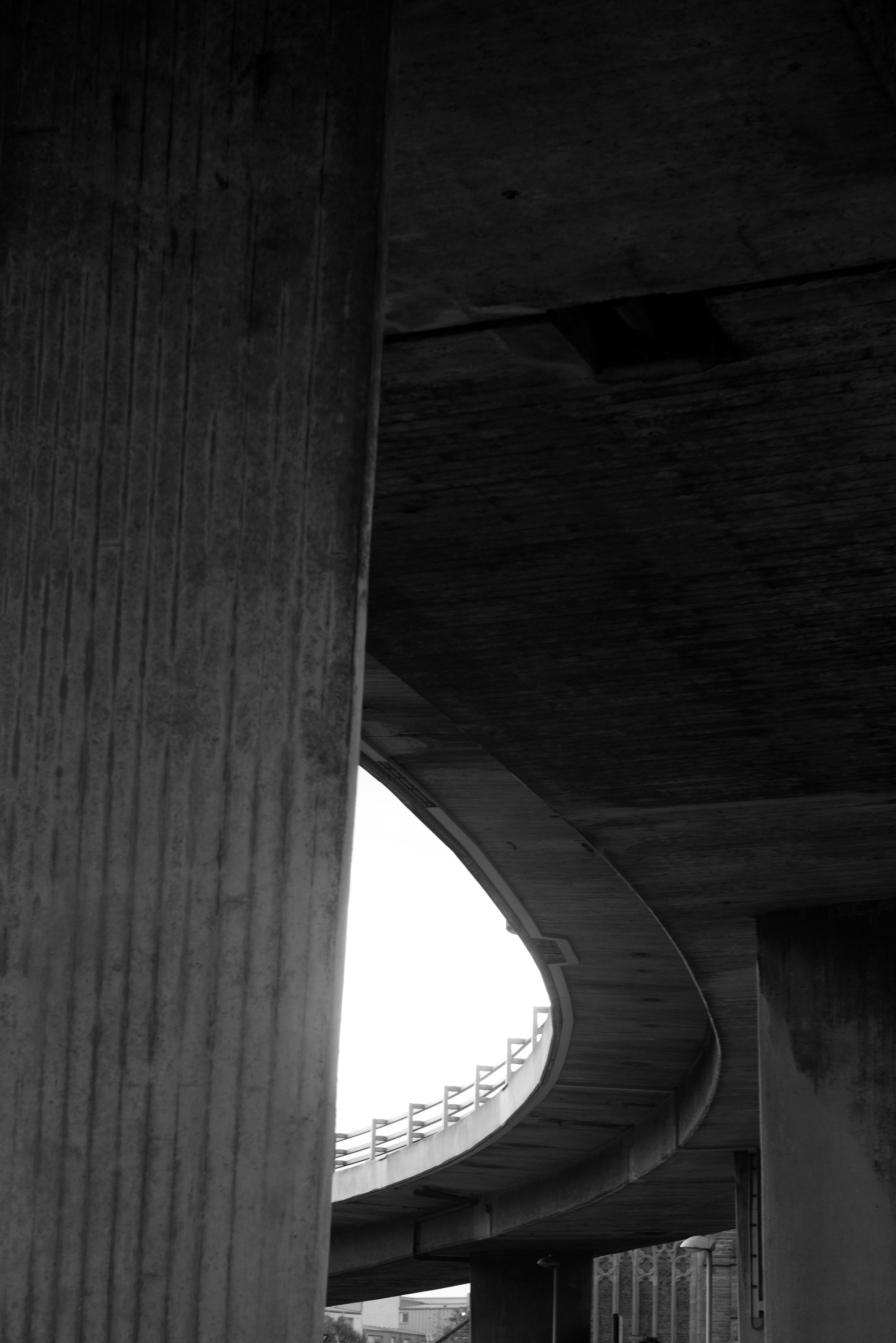 outdoors, building, roads, pattern, bridge - man made structure, day, glasgow, built structure, low angle view, curve, highway, underneath, 4K, road, architectural column, Phone HD Wallpaper