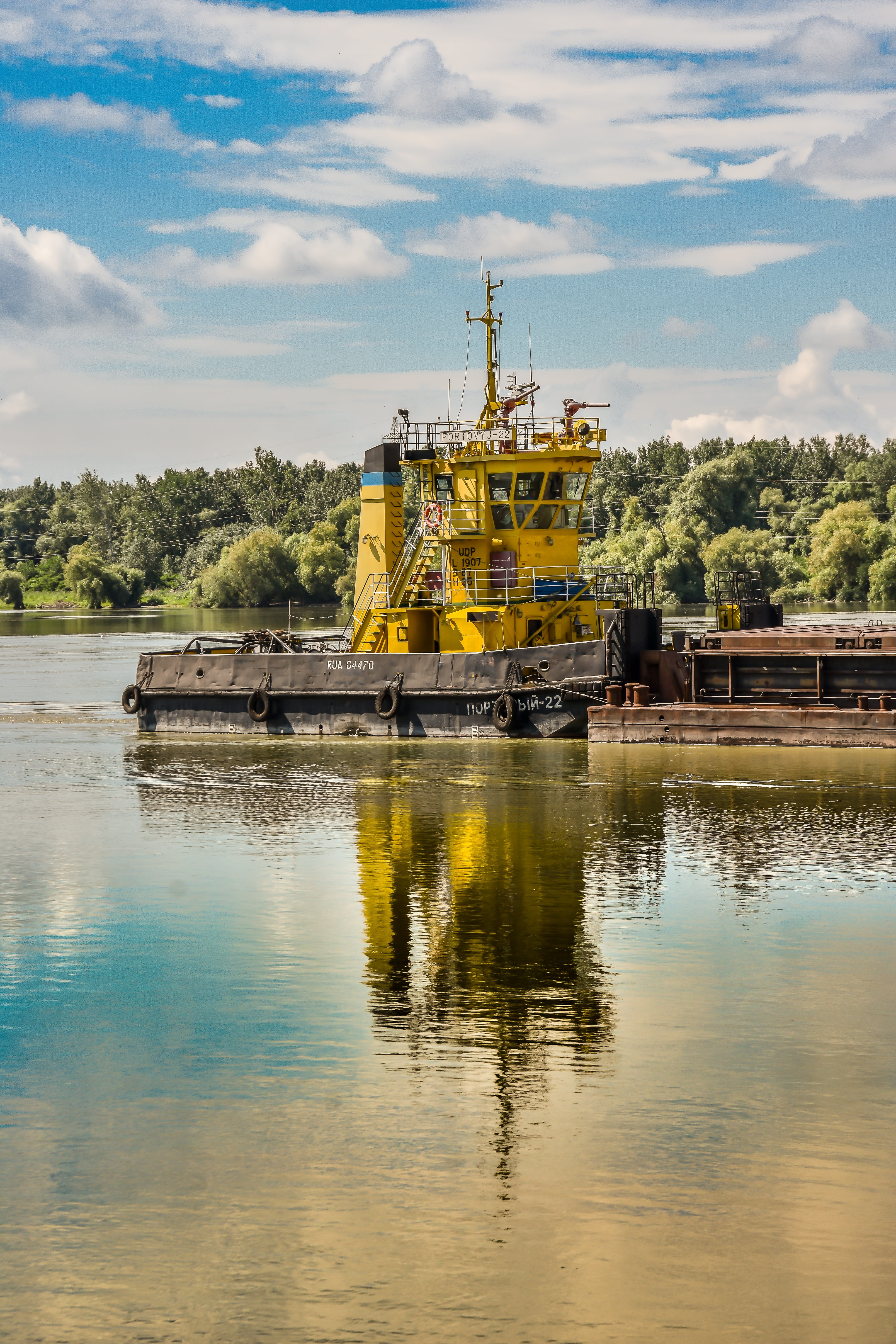 5K, barge, pusher, cloud - sky, cargo, danube, sky, tree, nature, machinery, transport, outdoors, transportation, reflection, harbor, boat, built structure, Phone HD Wallpaper