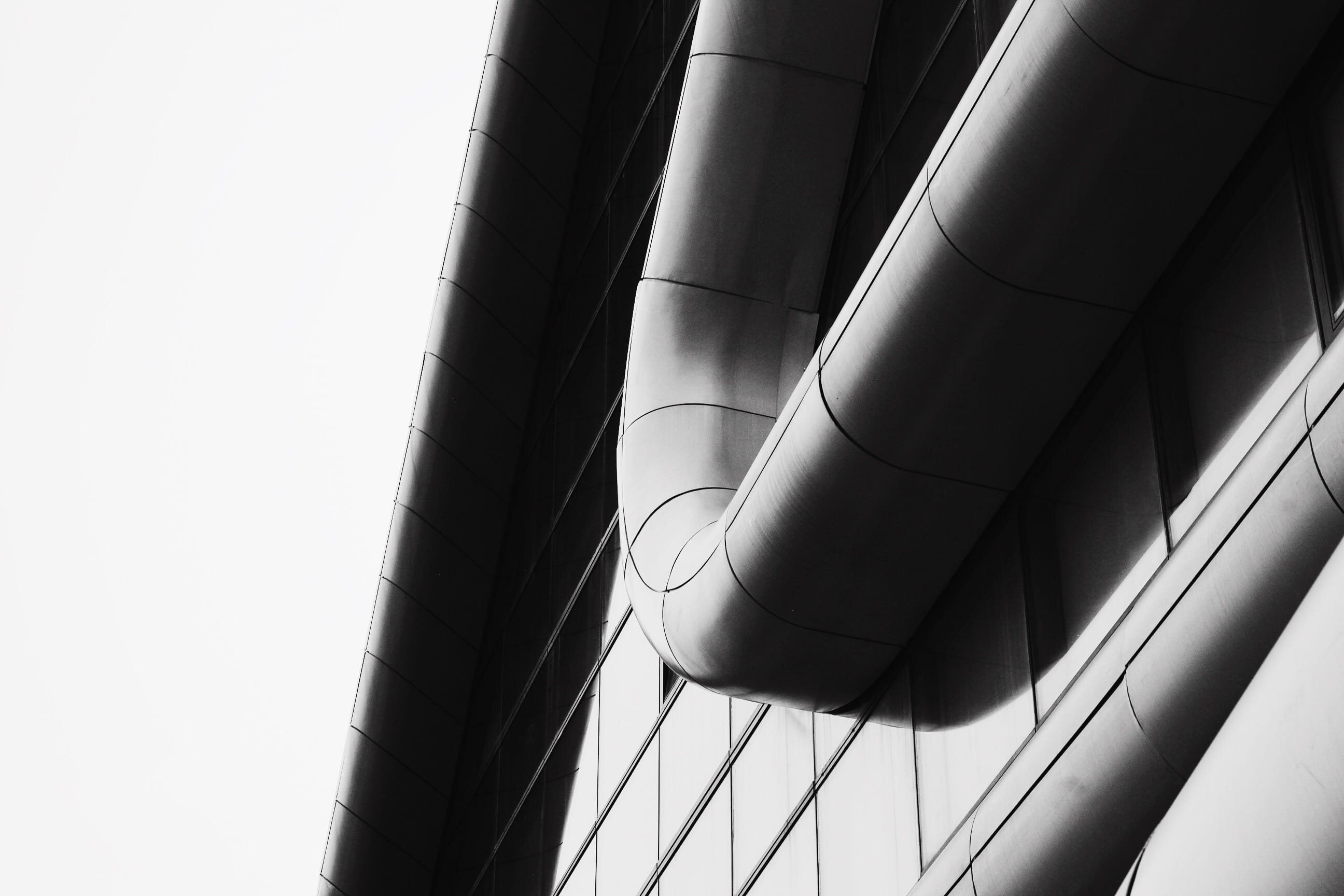 factory, metal, exterior, glass, grey, zahahadid, grayscale, clear sky, building exterior, pipe - tube, column, sky, sunlight, curve, photo, day, structure, HD Wallpaper