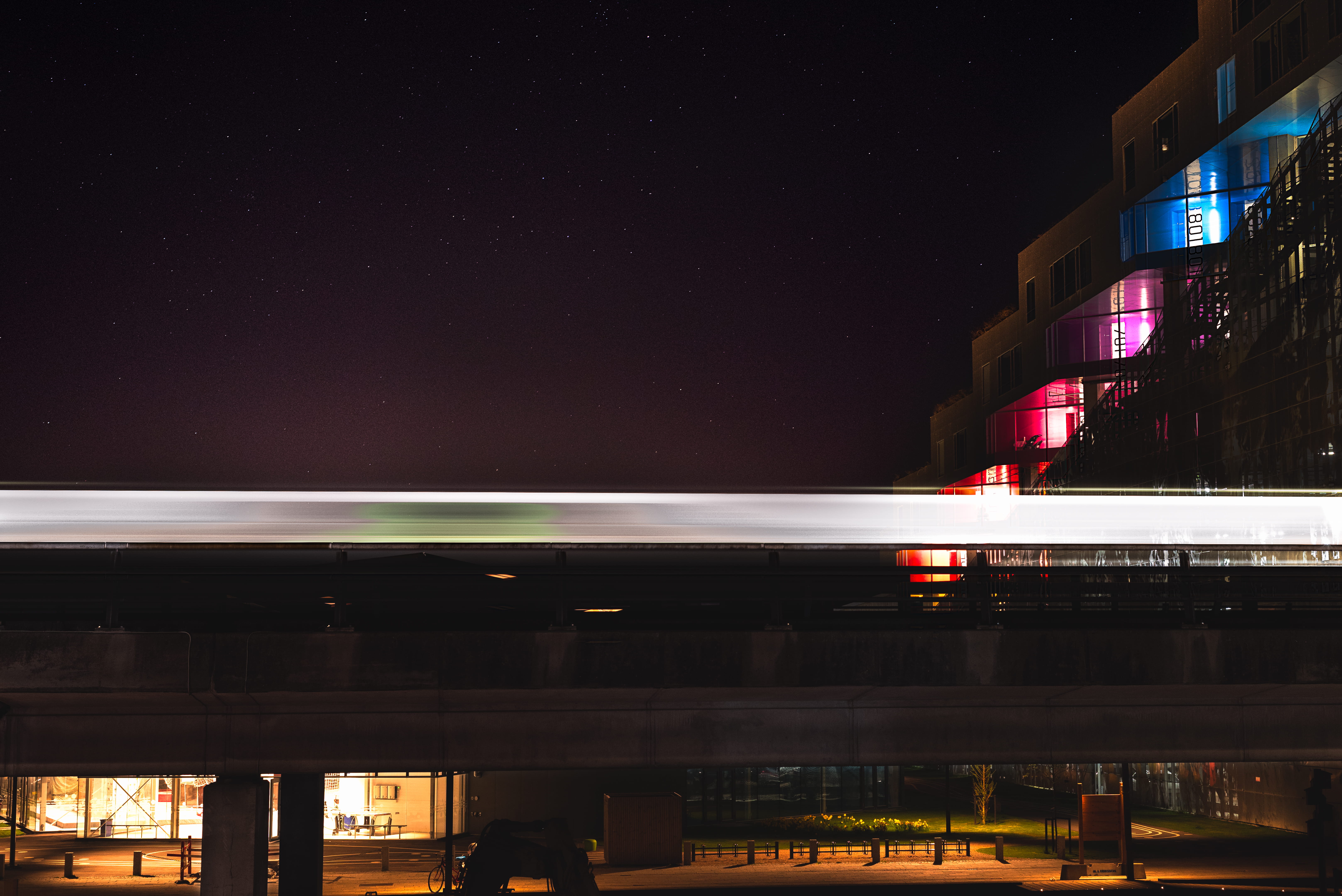 copenhagen, outdoors, cityscape, motion, stars, no people, building exterior, 5K, mountain dwellings, bridge, long exposure, blending, metro, transportation, HD Wallpaper