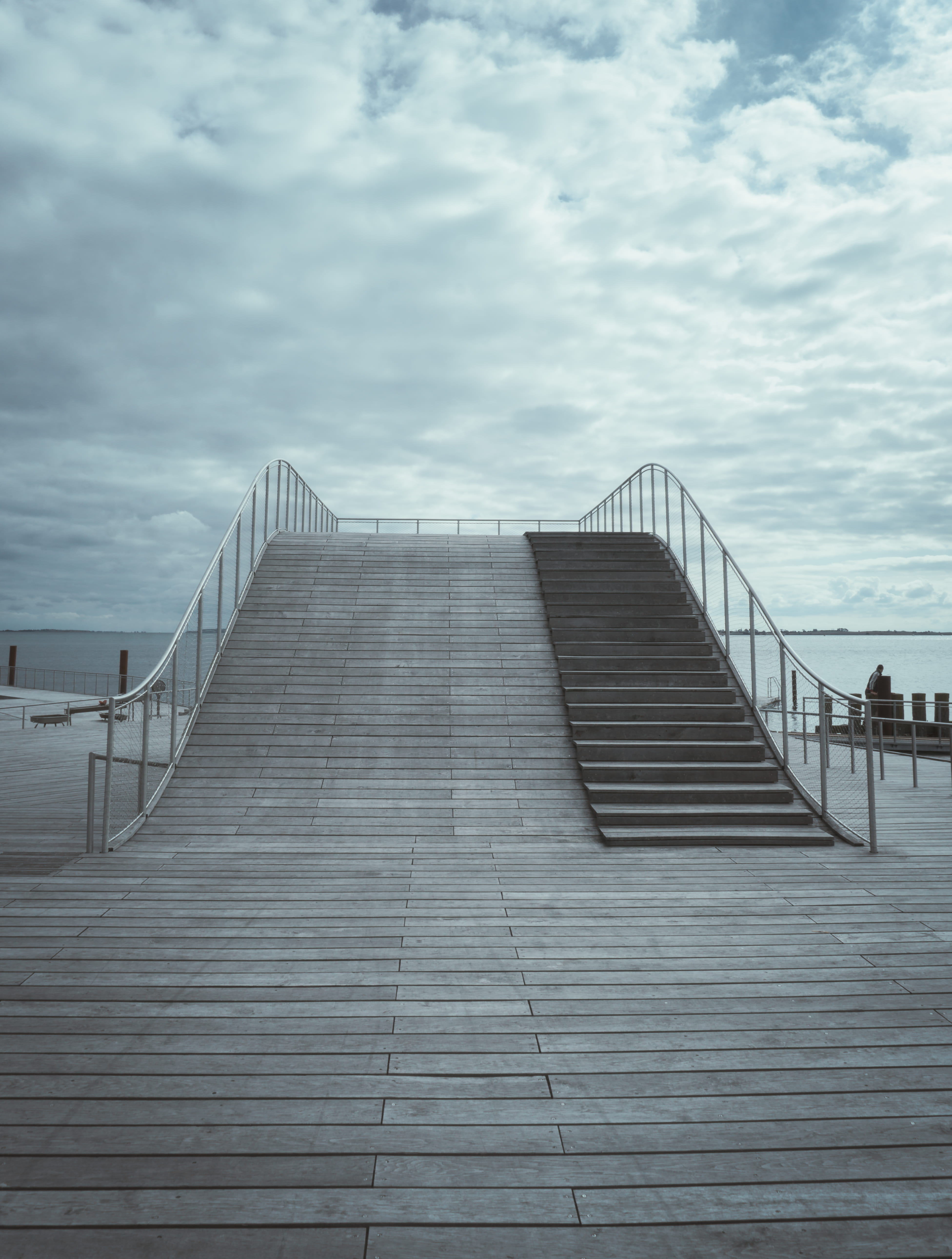 railing, habor, architecture, light, building exterior, 5K, direction, diminishing perspective, cloud - sky, outdoors, nature, day, clouds, bridge, minimalism, Phone HD Wallpaper