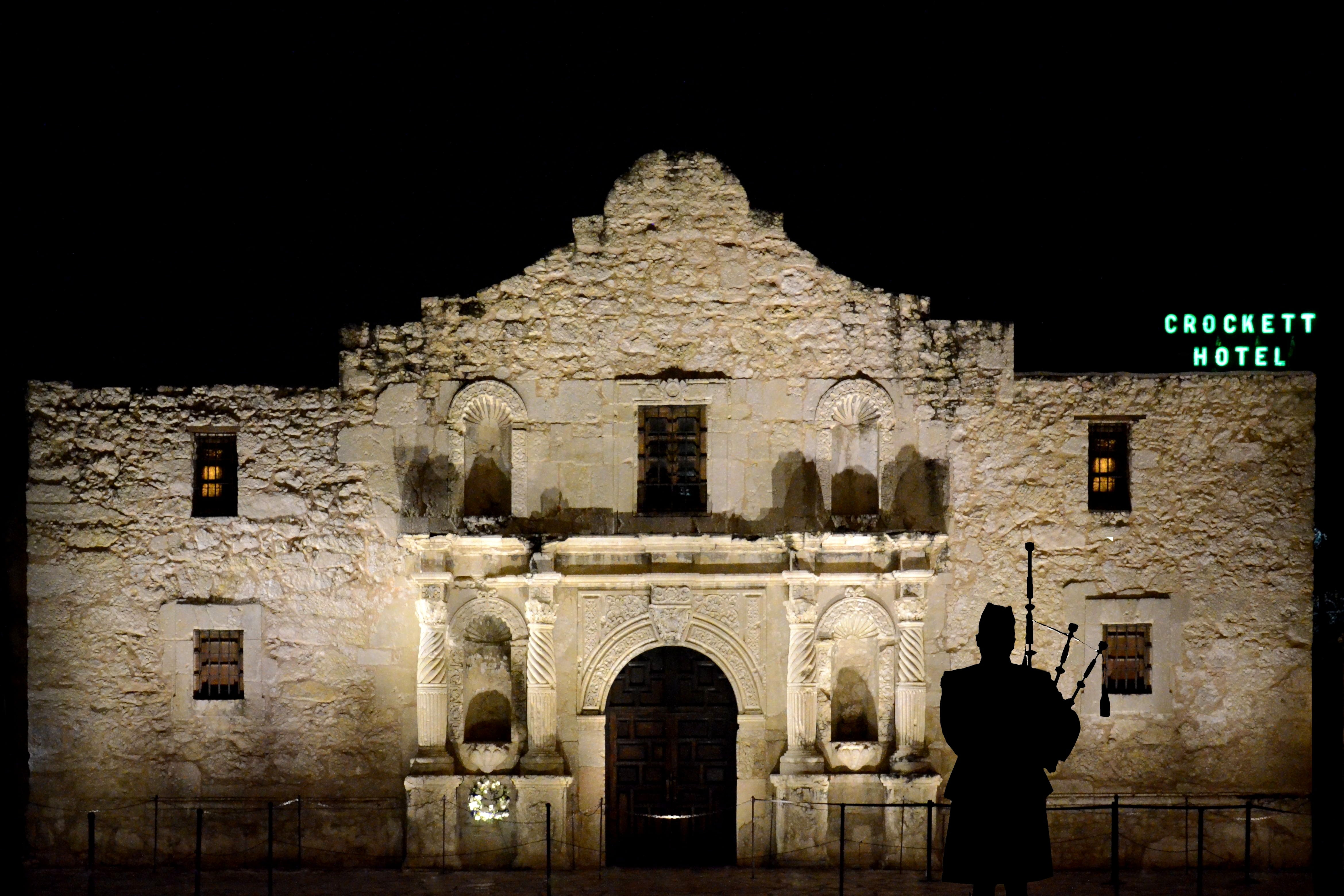 buidling, outdoors, crockett, building exterior, piper, night, scottish, old, texas, history, building, bagpipe, person, using, people, illuminated, facade, HD Wallpaper