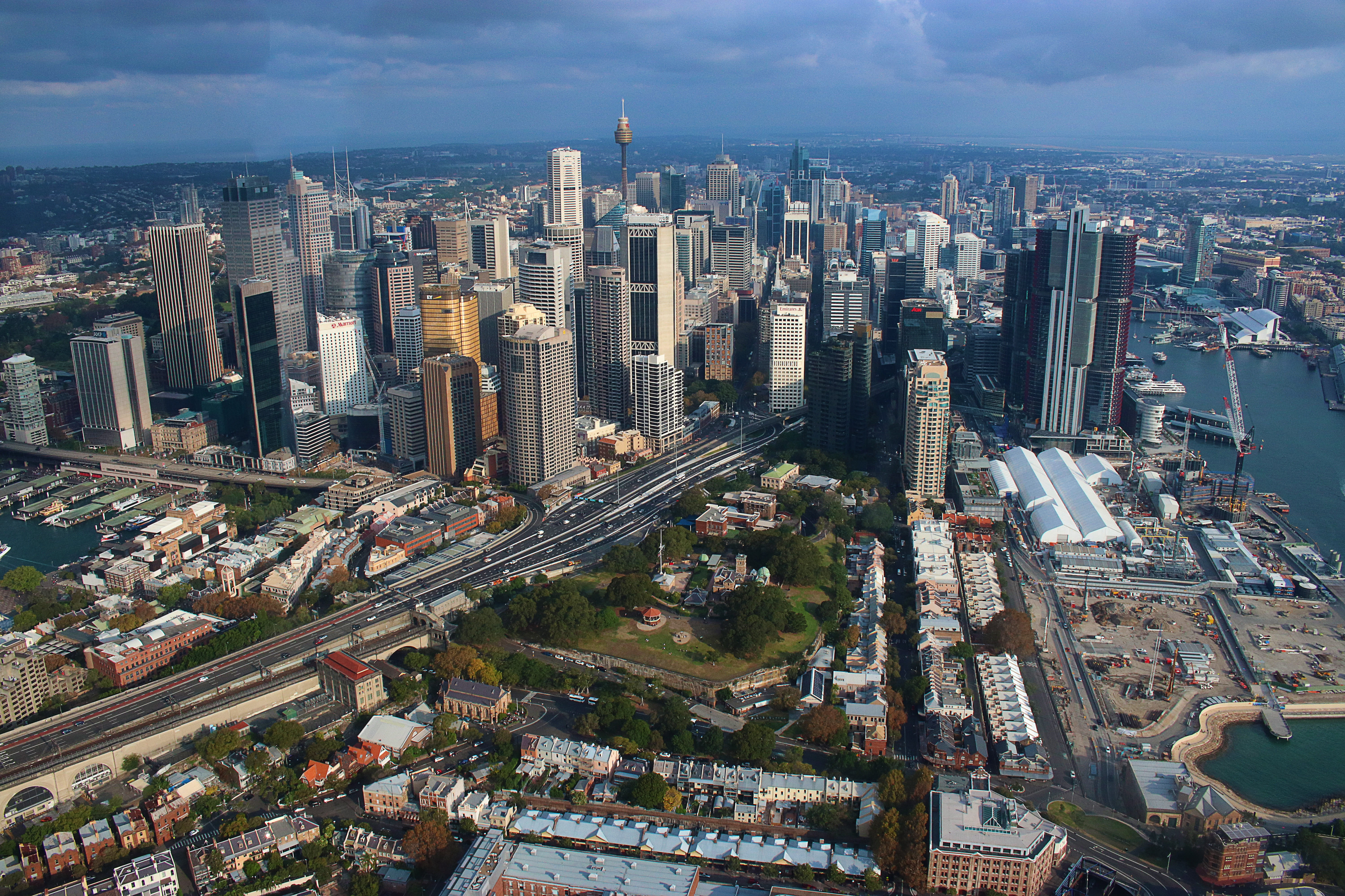 outdoors, aerial view, building, cloud - sky, cityscape, buidlings, infrastructure, corporate, built structure, urban skyline, office, sydney, high angle view, HD Wallpaper