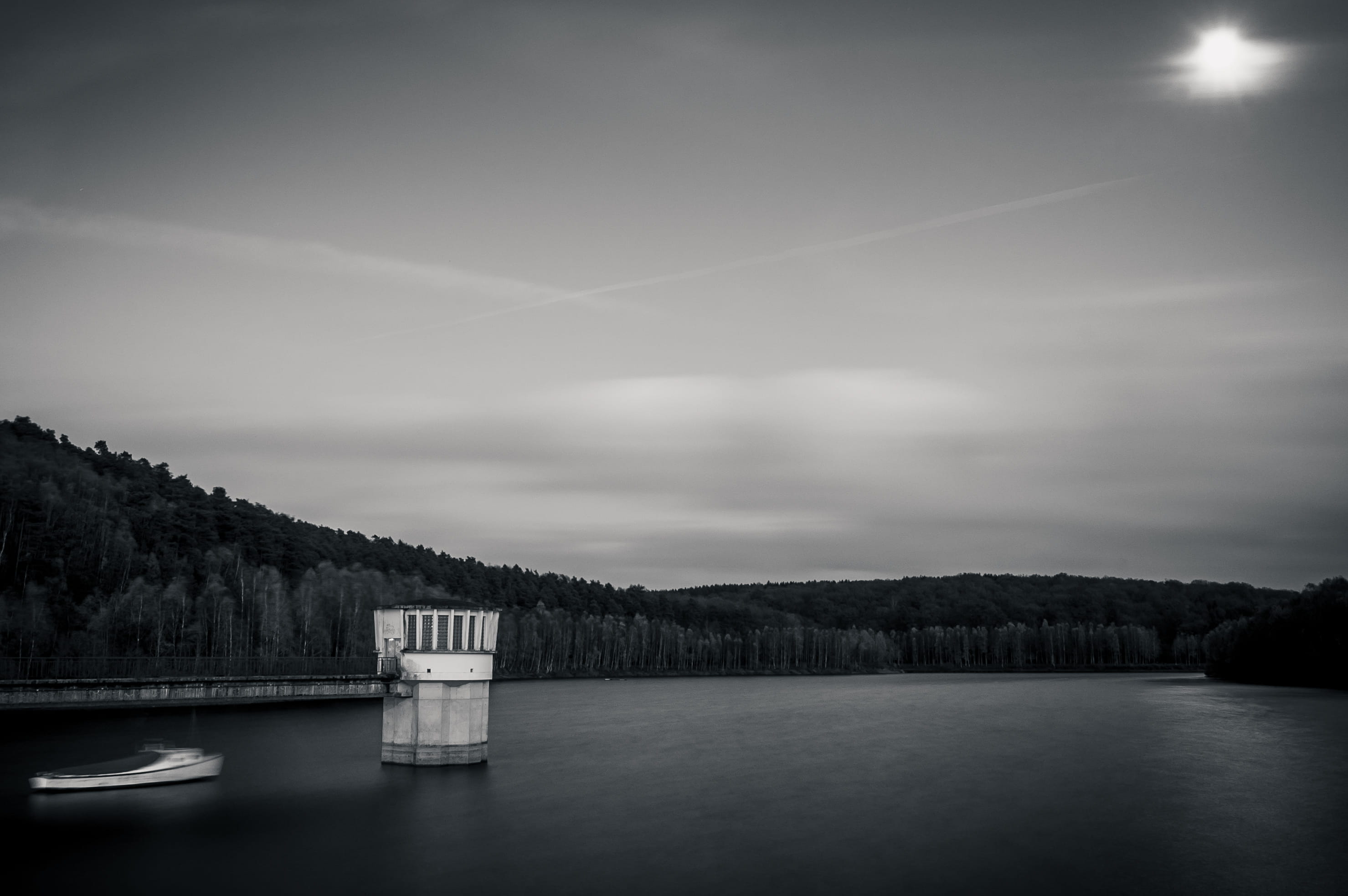 moon, trees, lake, sky, barrage, mountain, water, cloud - sky, tranquil scene, reflection, birch, no people, nature, black and white, belgium, night, non-urban scene, HD Wallpaper