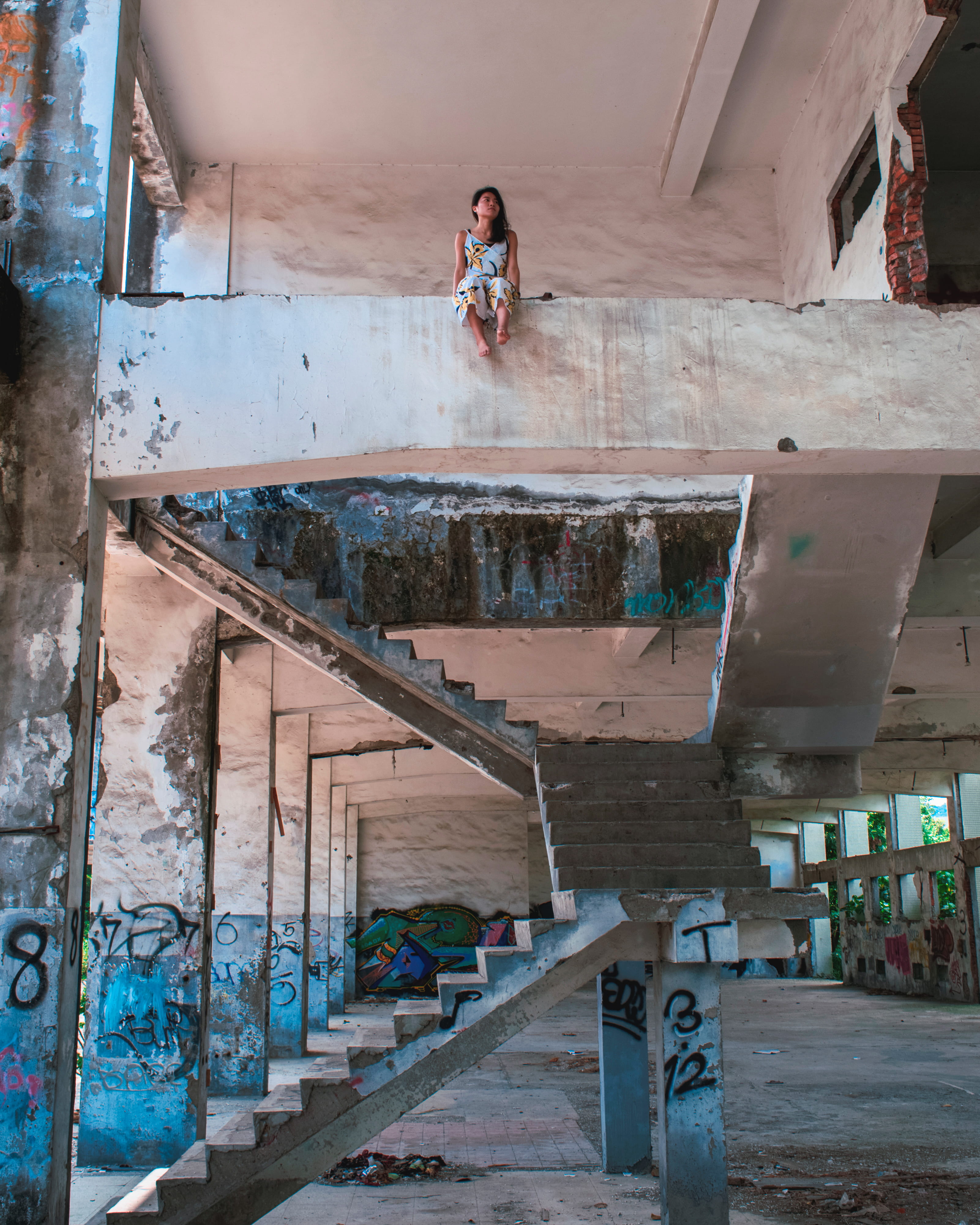 white, lifestyles, day, buidling, swimming pool, concrete, full length, young women, staircase, front view, dress, building, built structure, graffiti, Phone HD Wallpaper