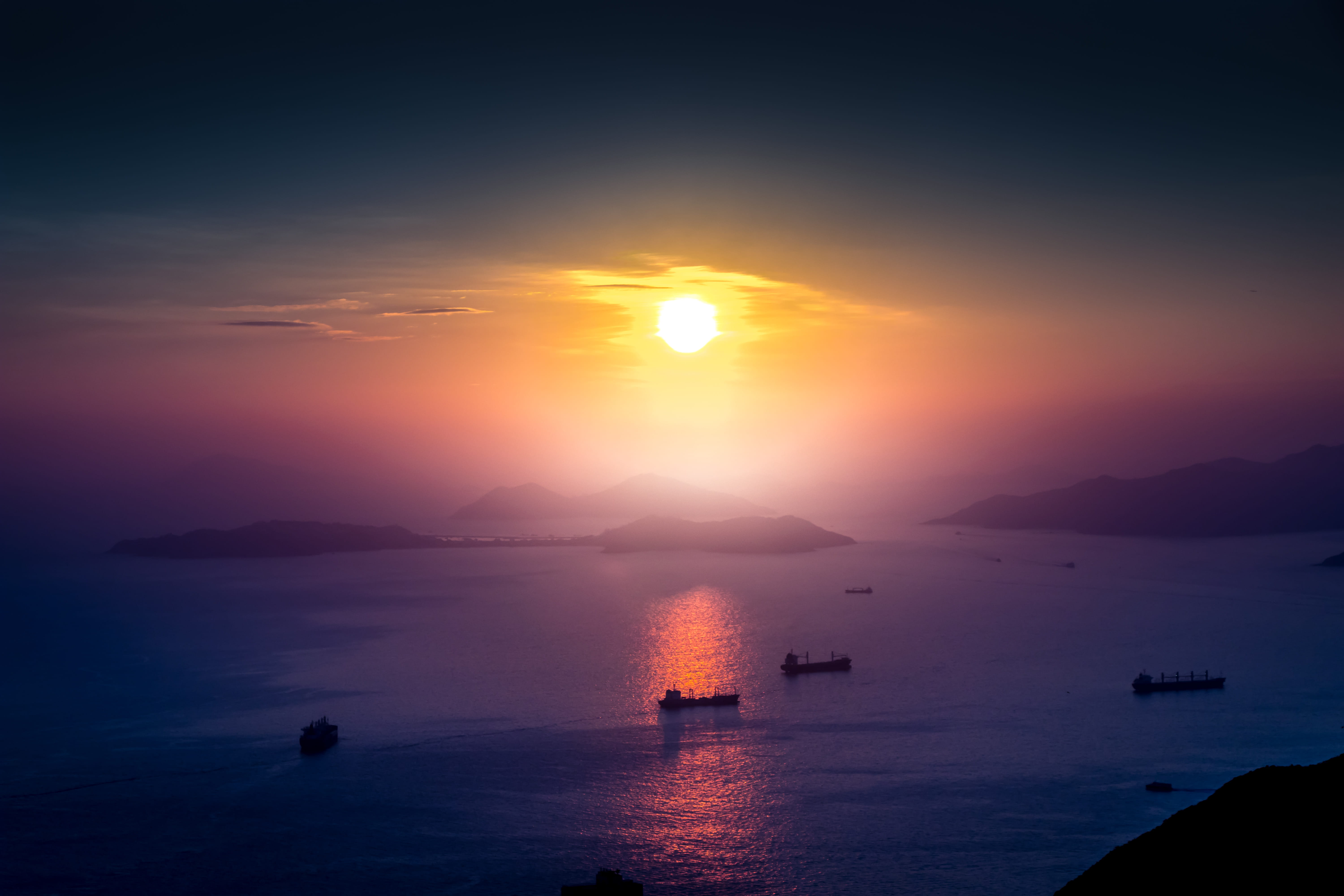 aerial, sunlight, photography, summer, purple, mist, sun, travel, mountain, amazing, sunrise - Dawn, coastline, back Lit, silhouette, hongkong, dusk, sunset, HD Wallpaper
