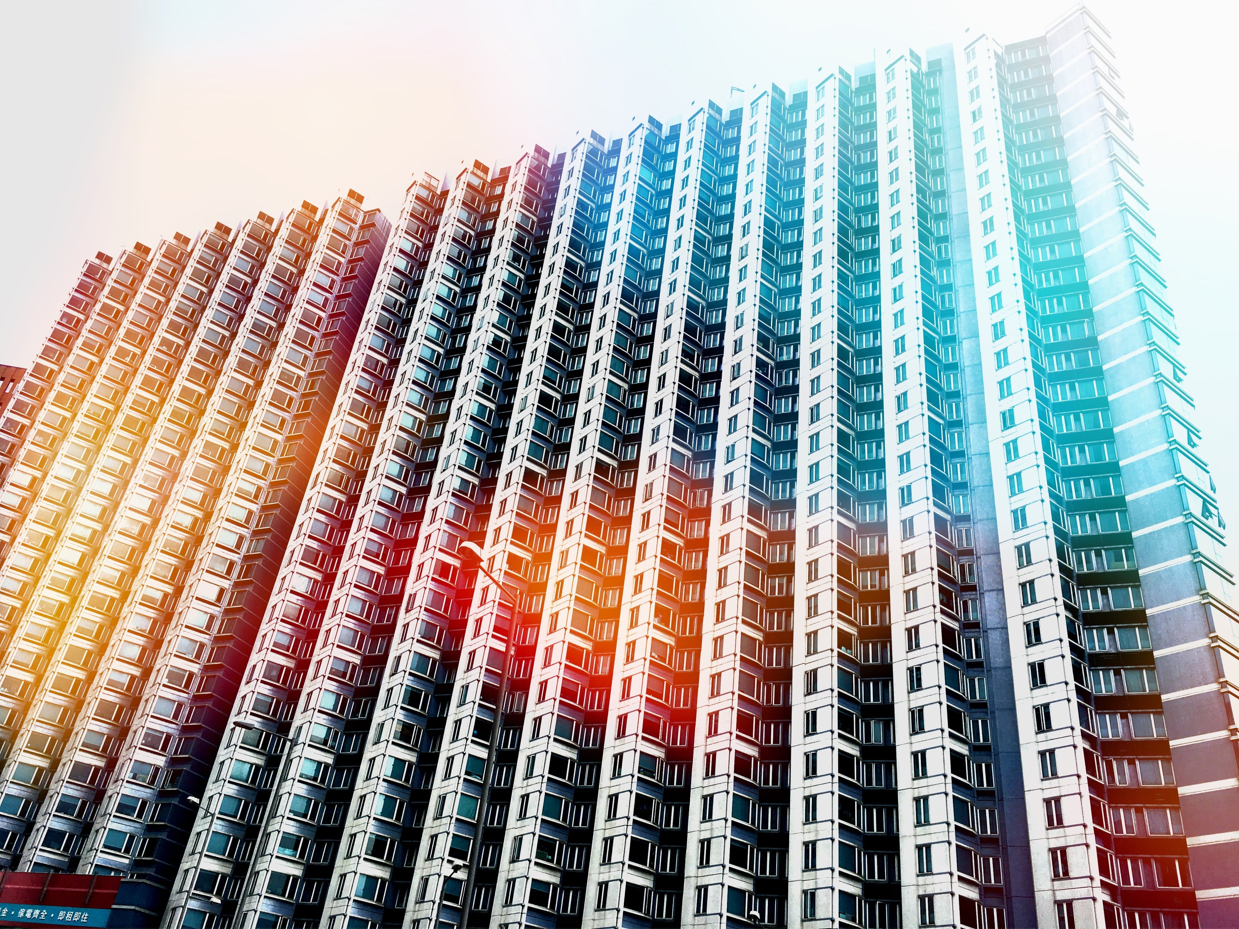 building exterior, apartment, blue, choice, variation, life, 4K, no people, in a row, low angle view, building, window, architecture, large group of objects, HD Wallpaper