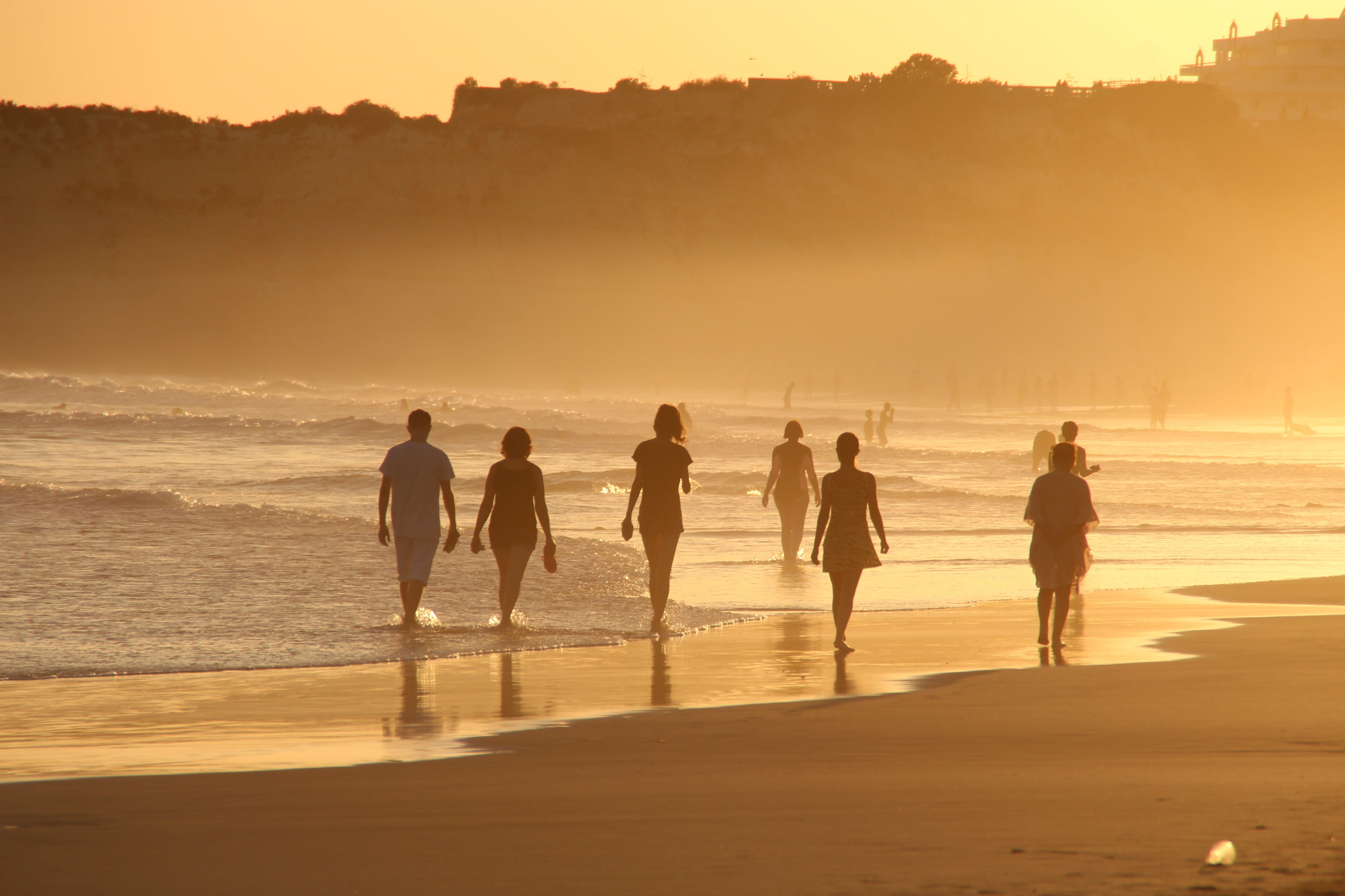 together, men, human, sand, run, leisure activity, joy, sky, live, group of people, wave, chat, entertain, portugal, 5K, sea, on foot, sun, barefoot, sunset, HD Wallpaper