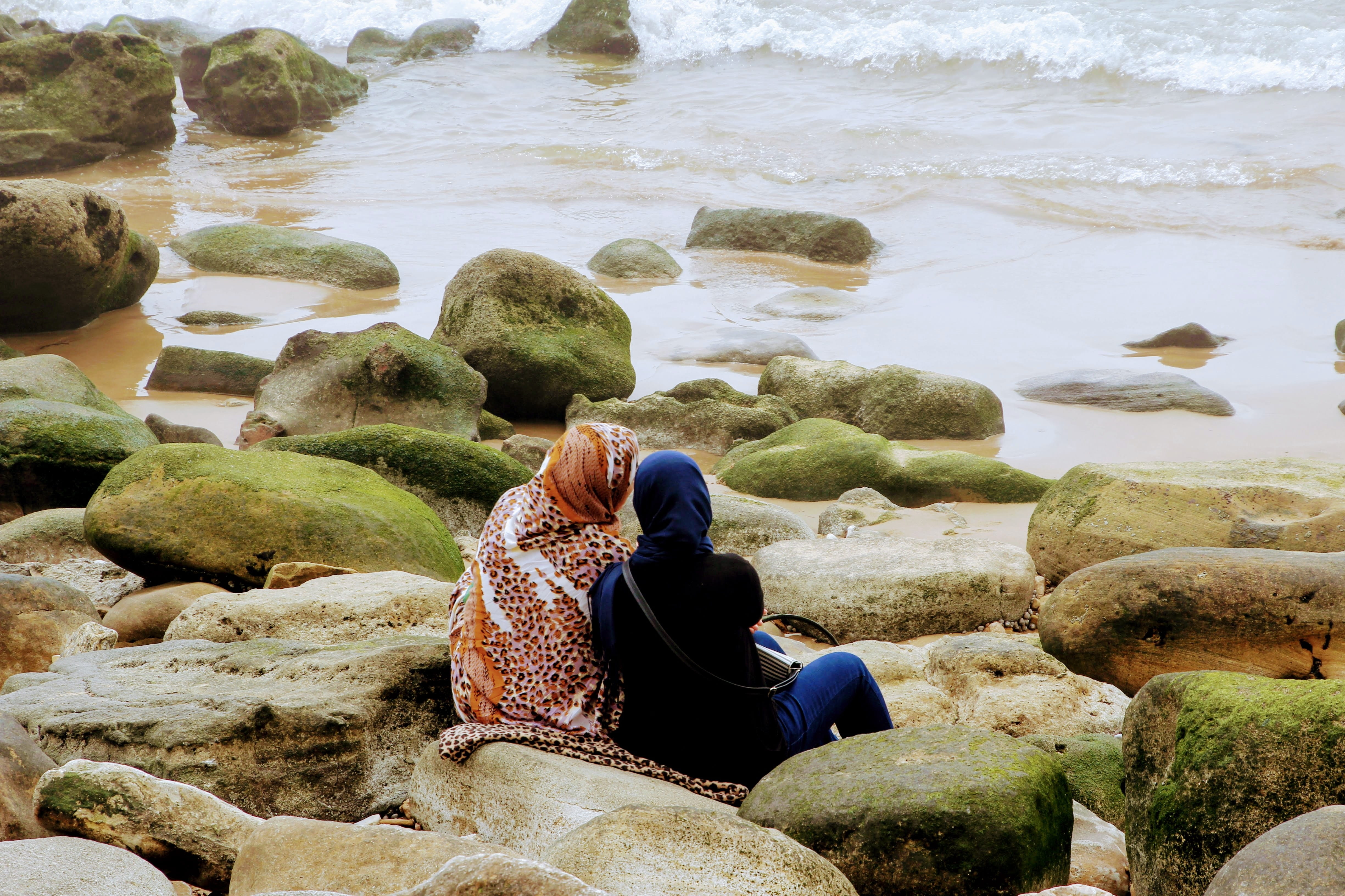 couple - relationship, men, women, friends, Chat, rear view, solid, real people, day, 4K, leisure activity, nature, sitting, outdoors, Sea, rock - object, HD Wallpaper