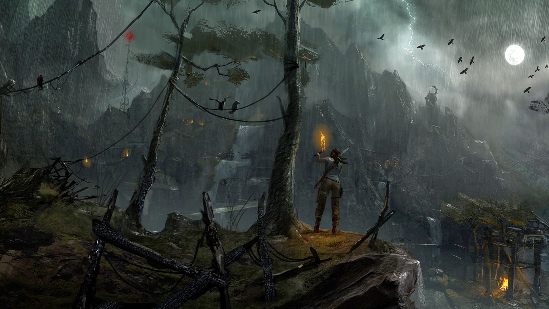 people, 1080P, Tomb Raider, rain, storm, Lara Croft, video games, landscape, temple, trees, looking into the distance, HD Wallpaper