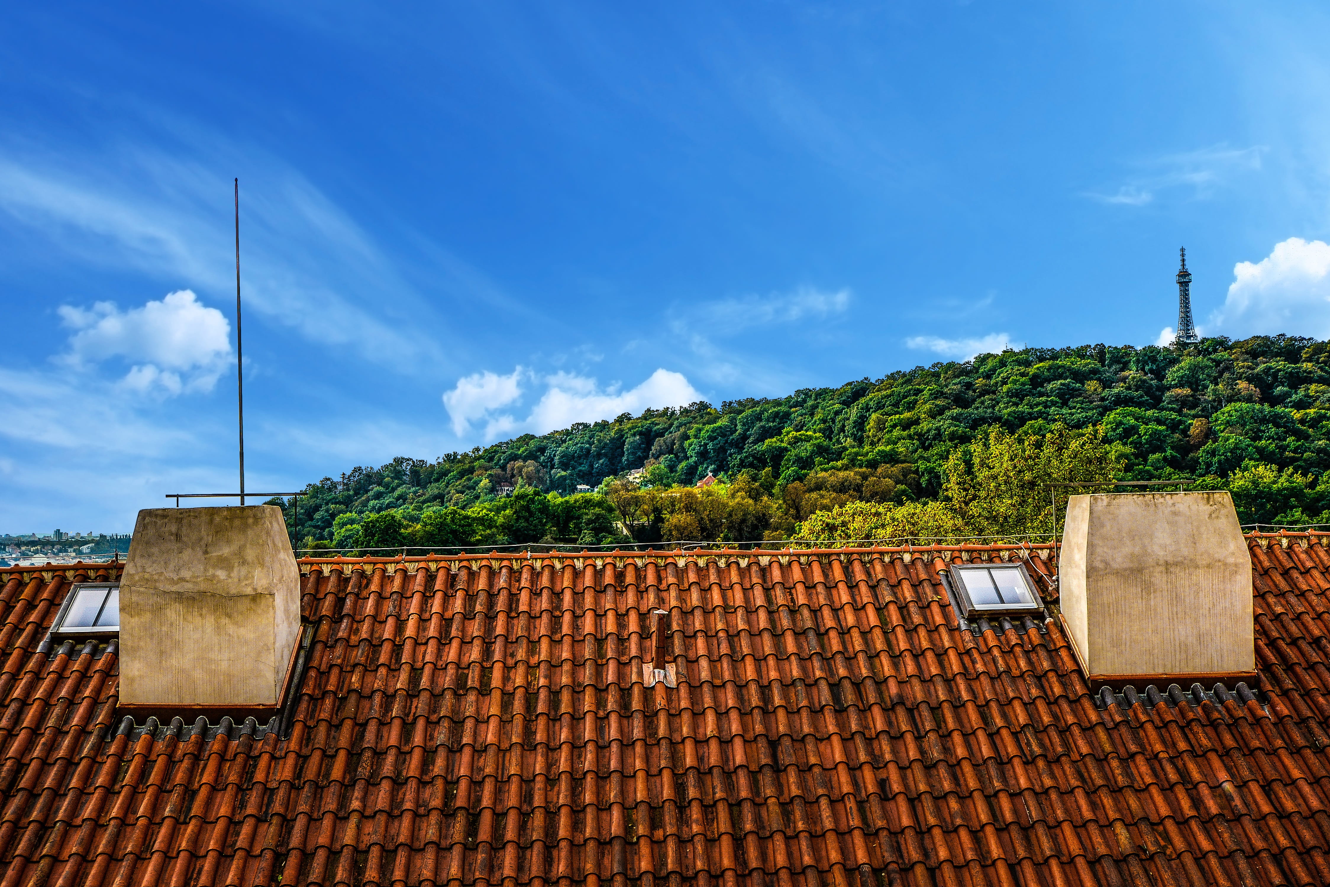 summer, blue, architecture, warm, mountain, sky, green color, lookalike, tower, plant, tiles, beauty in nature, tree, nature, Prague, scenics - nature, HD Wallpaper