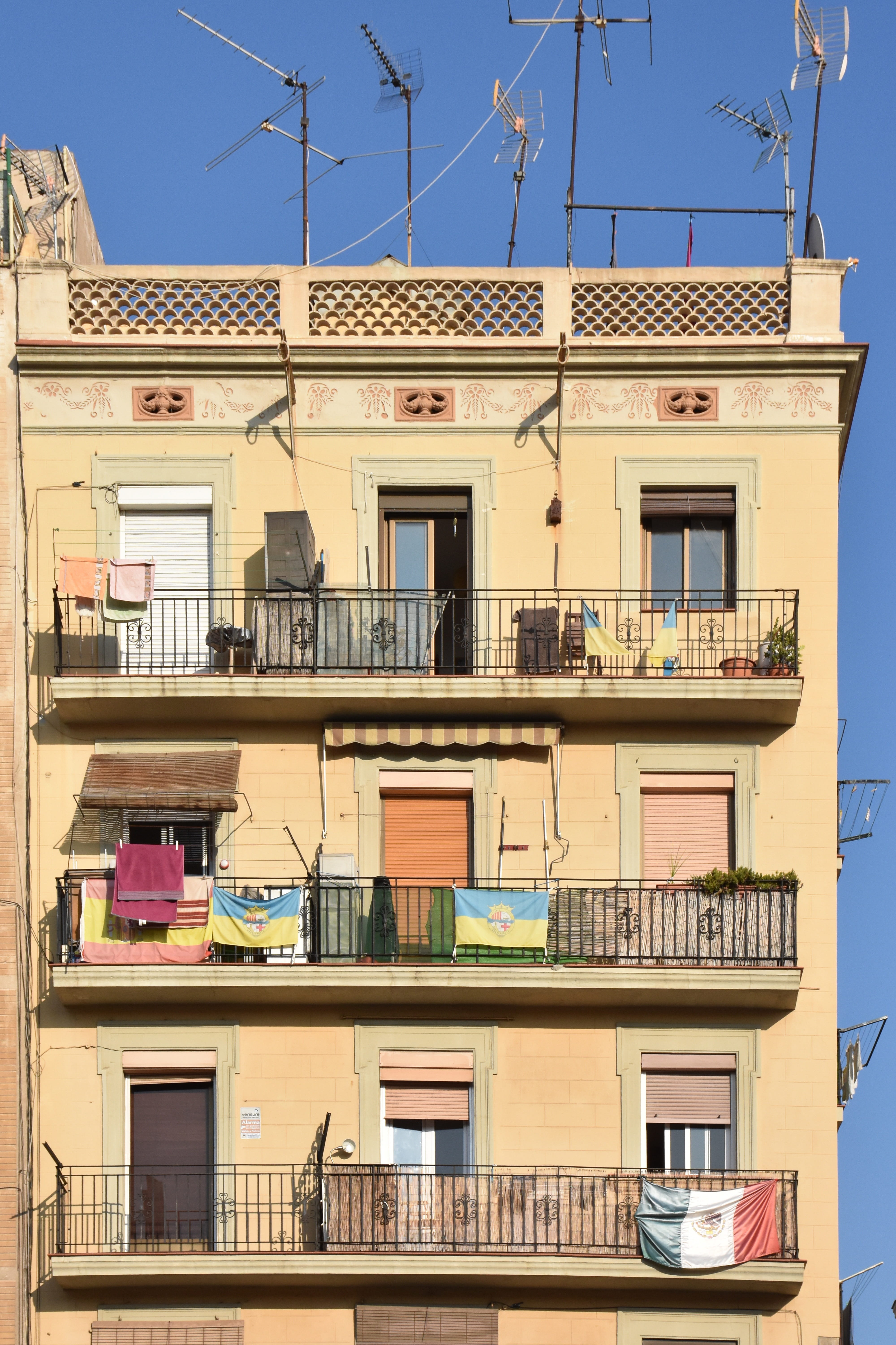low angle view, day, outdoors, facade, clear sky, building Exterior, nature, no people, live, Barcelona, 5K, town, sky, building, city, europe, Balcony, Phone HD Wallpaper