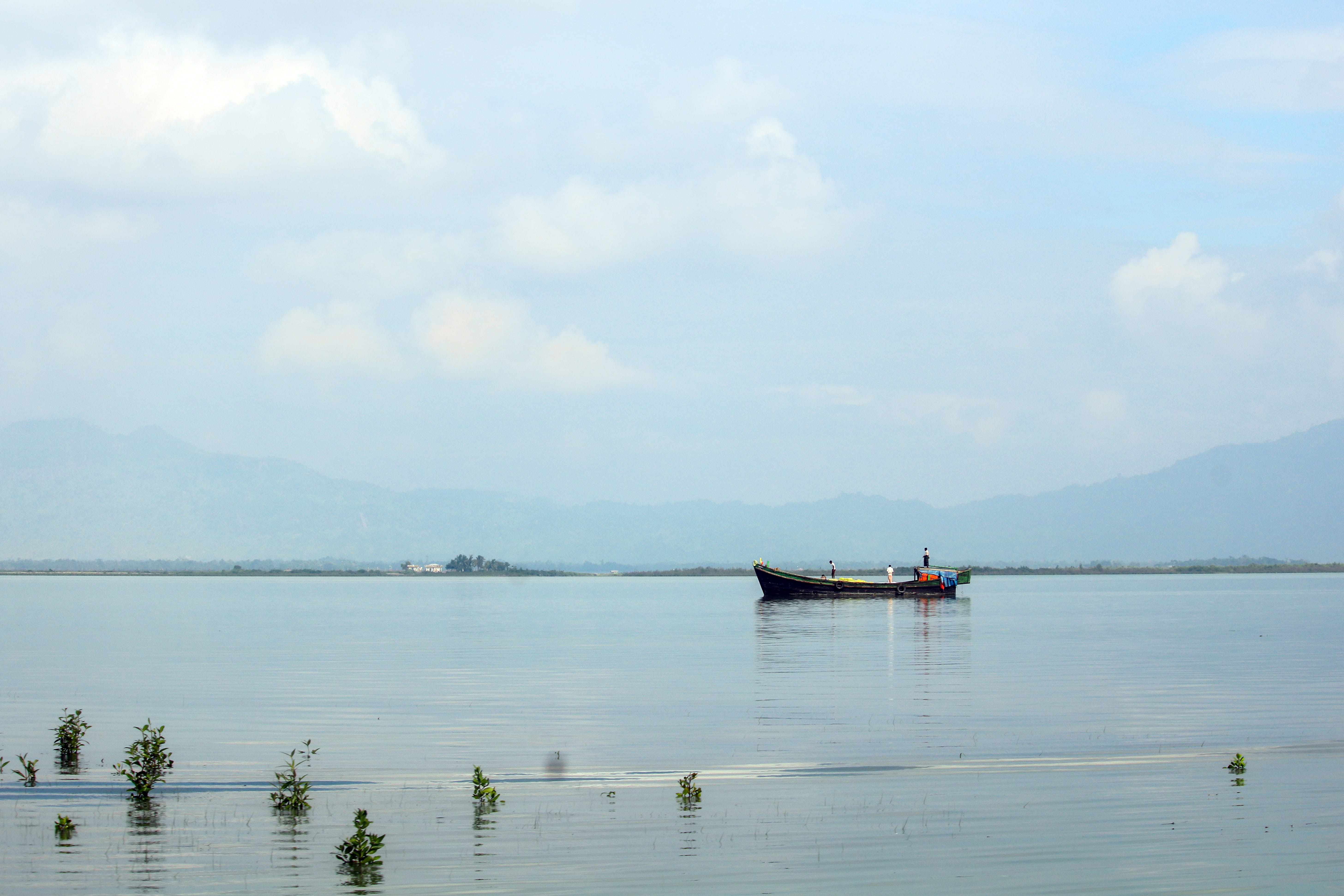 sea, blue, nautical vessel, naaf river, idyllic, outdoors, tranquility, tranquil scene, bangladesh, nature, boat, waterfront, water, beauty in nature, 5K, HD Wallpaper