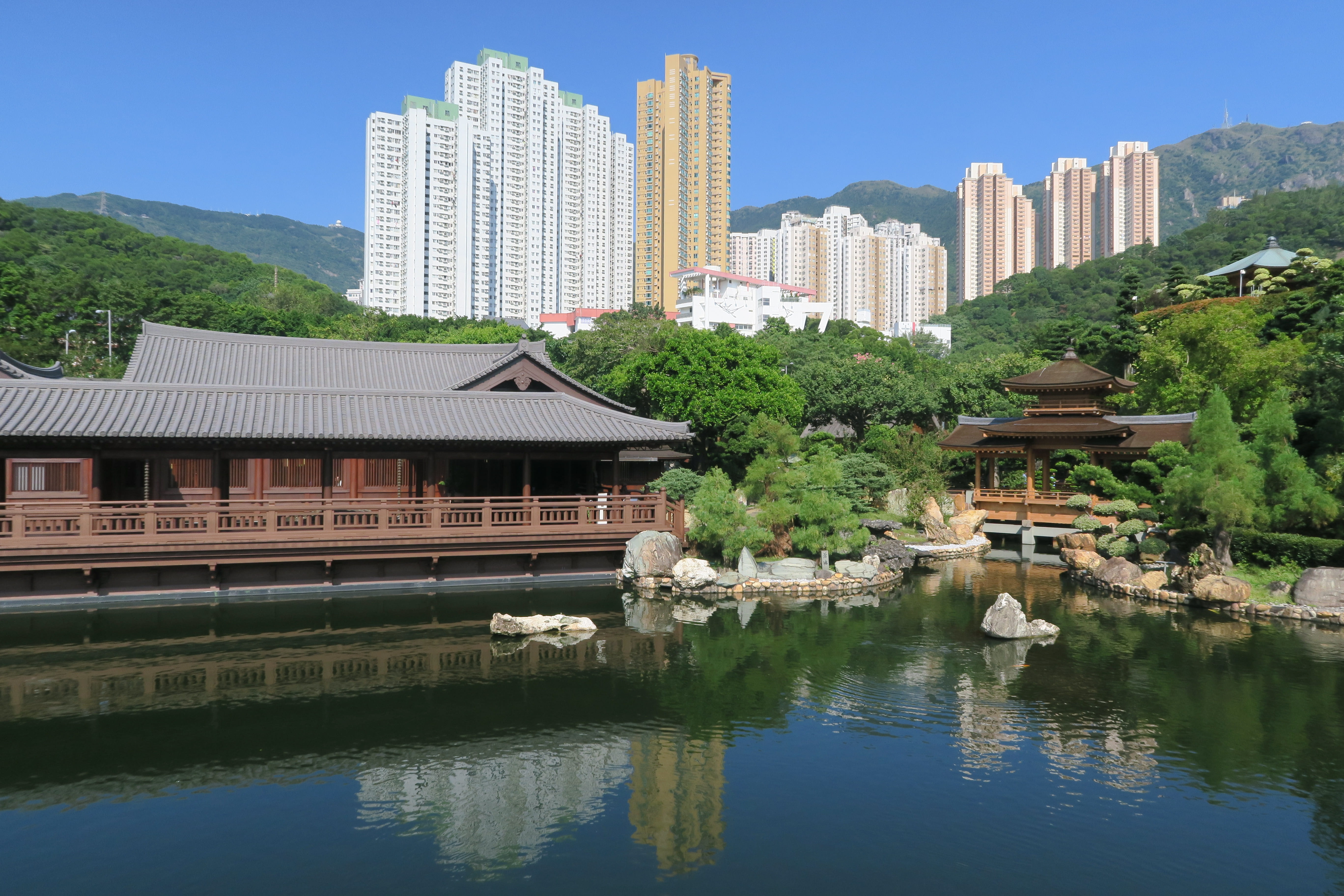 asia, city, 5K, clear sky, travel destinations, architecture, built structure, outdoors, skyscraper, contrast, hong kong, plant, lake, travel, nan lian garden, HD Wallpaper