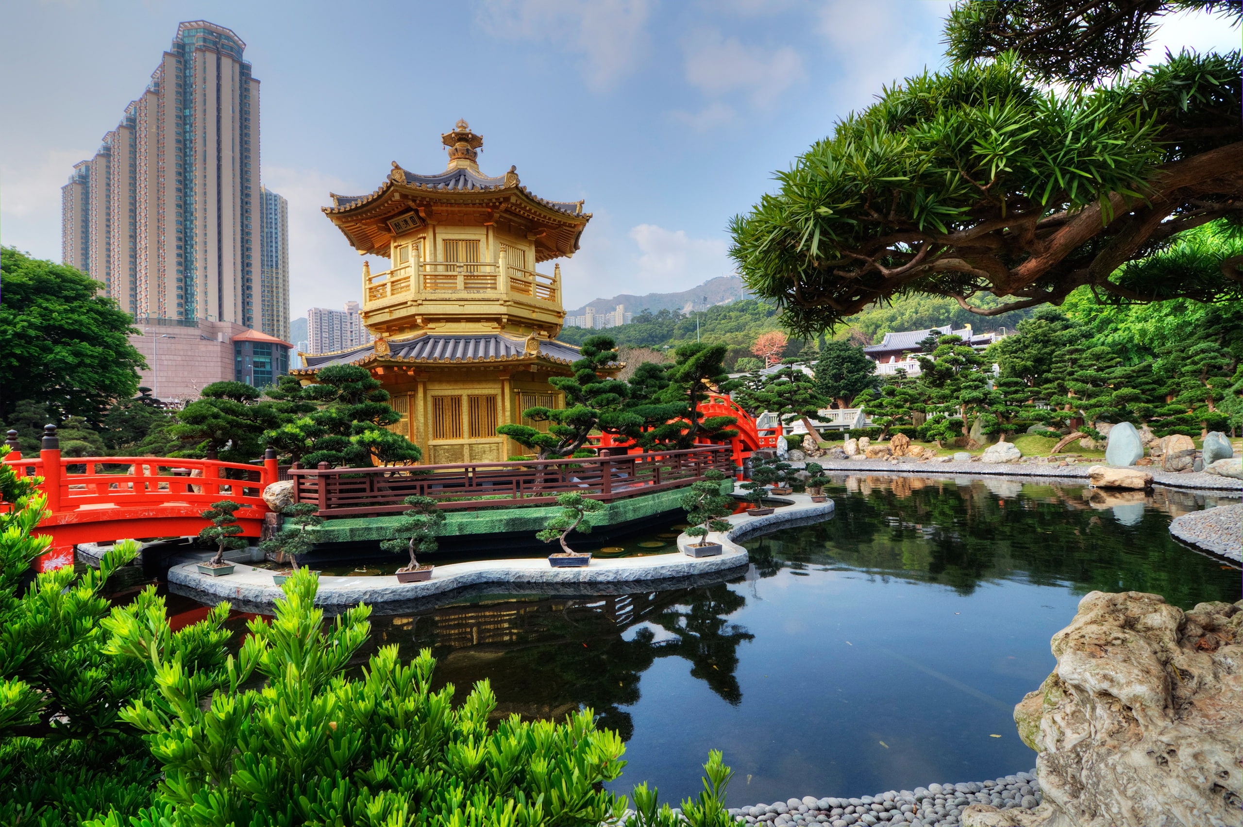 Nan Lian Garden, Park, stones, the city, clouds, pond, China, greens, pagoda, home, bridges, the bushes, Hong Kong, the sky, 2K, trees, HD Wallpaper