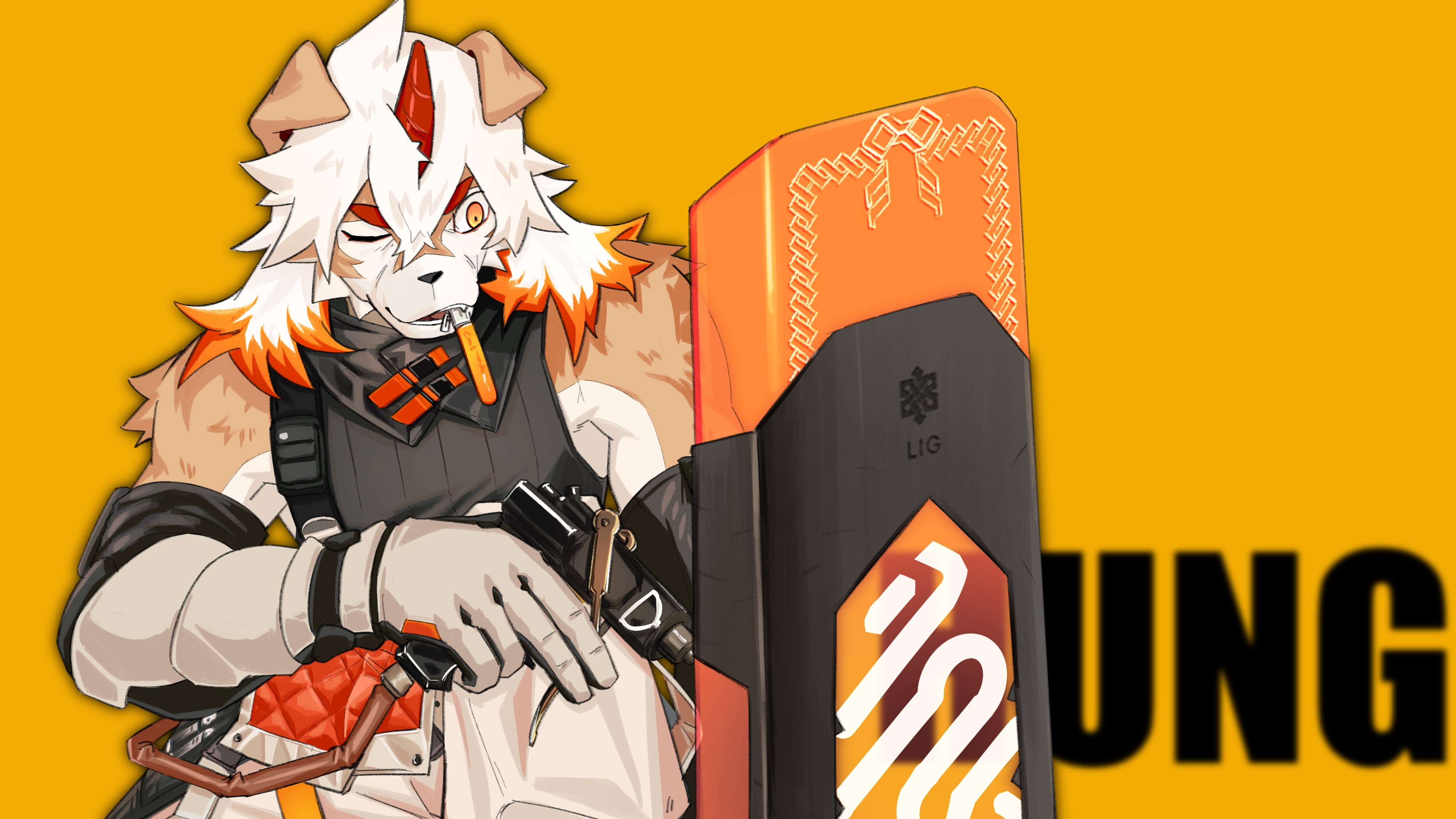 4K, Hung (Arknights), orange background, anime, kemono, Arknights, HD Wallpaper